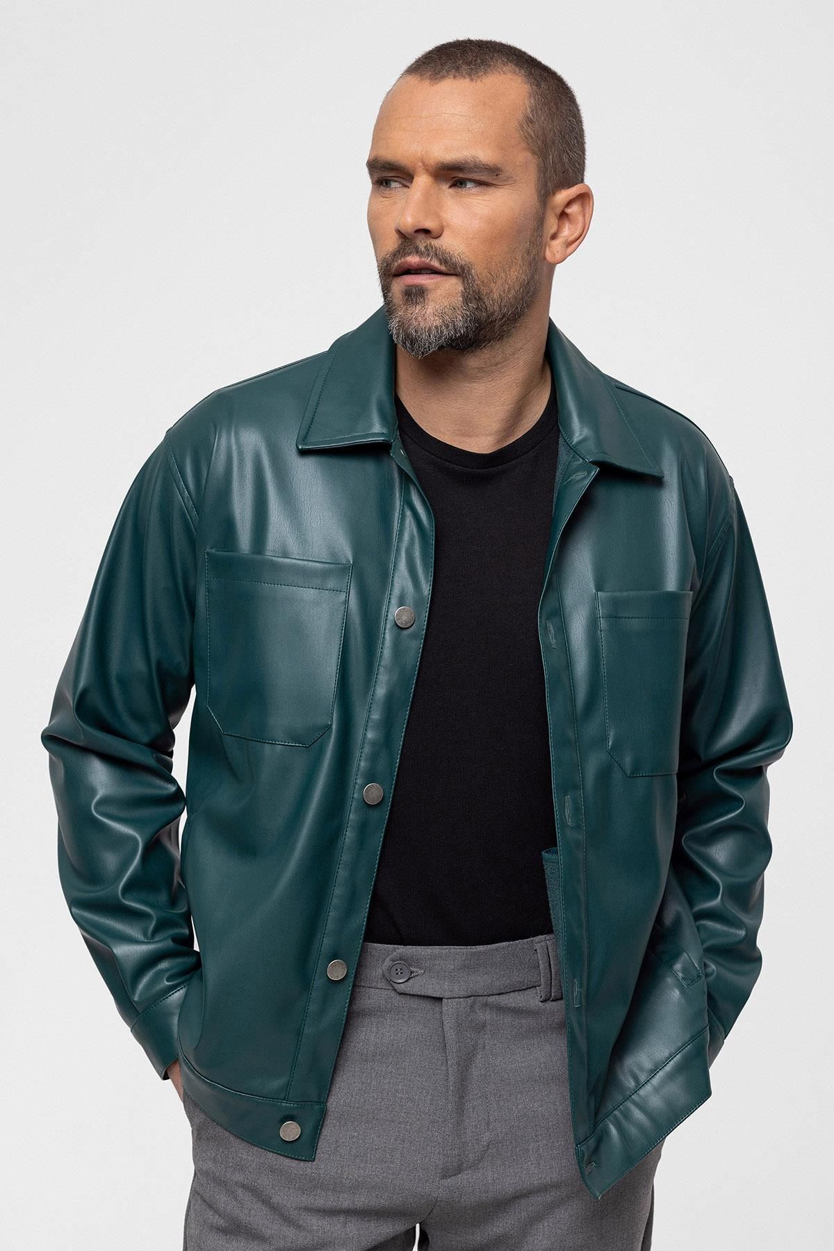 Antioch-Green Faux Leather Men's Thin Coat 3