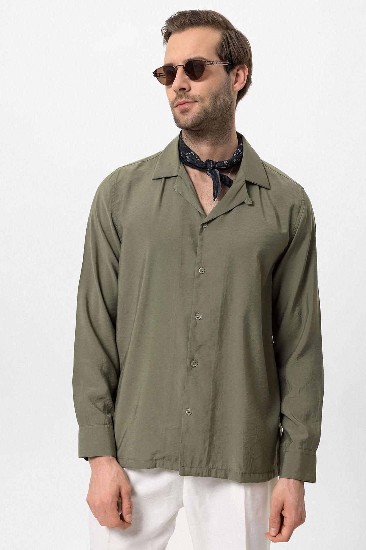 Antioch-Khaki Apache Collar Long Sleeve Men's Shirt 1