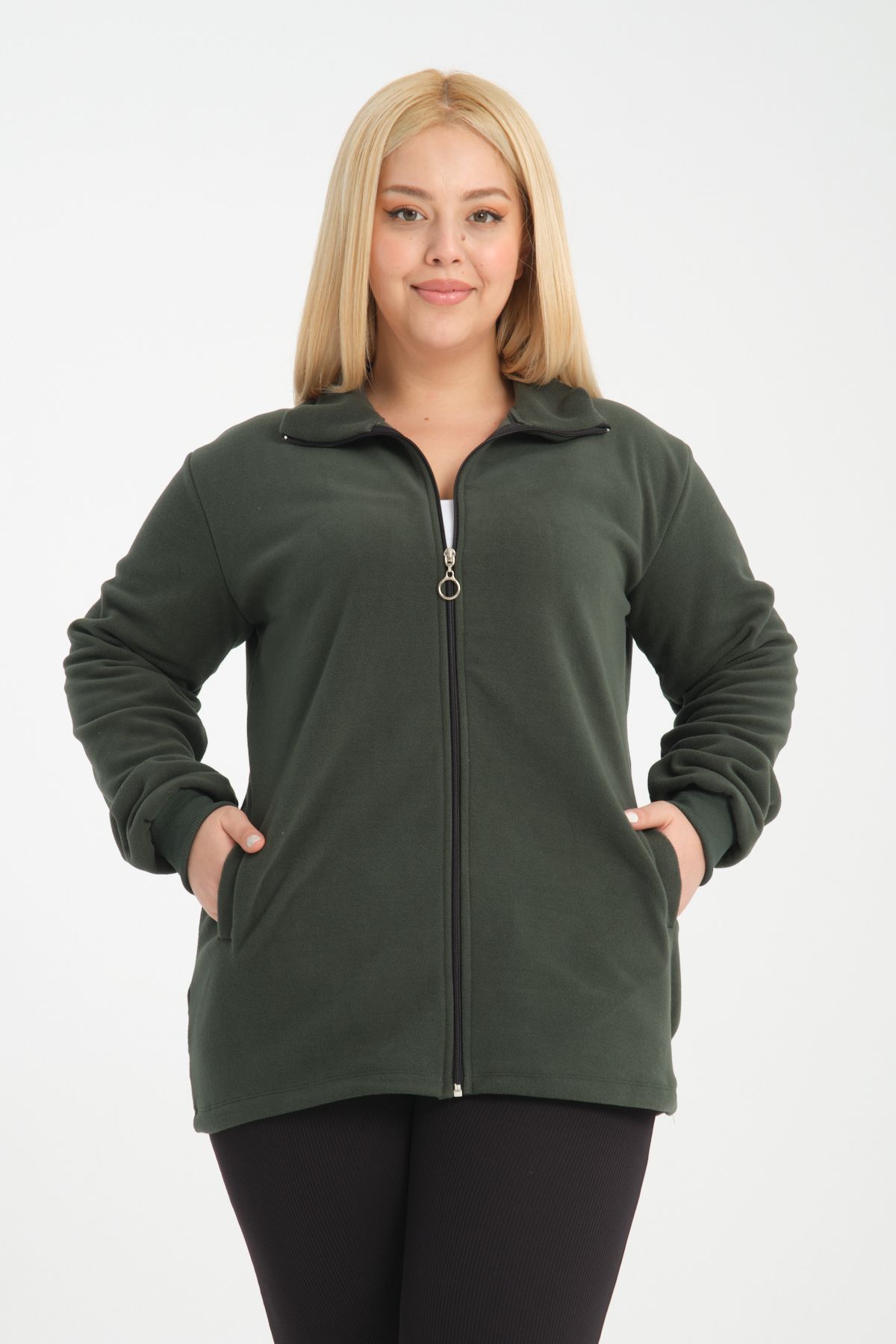 BANEGA-Plus Size Curve Khaki Fleece Sweatshirt - Zipper and Pocket 1