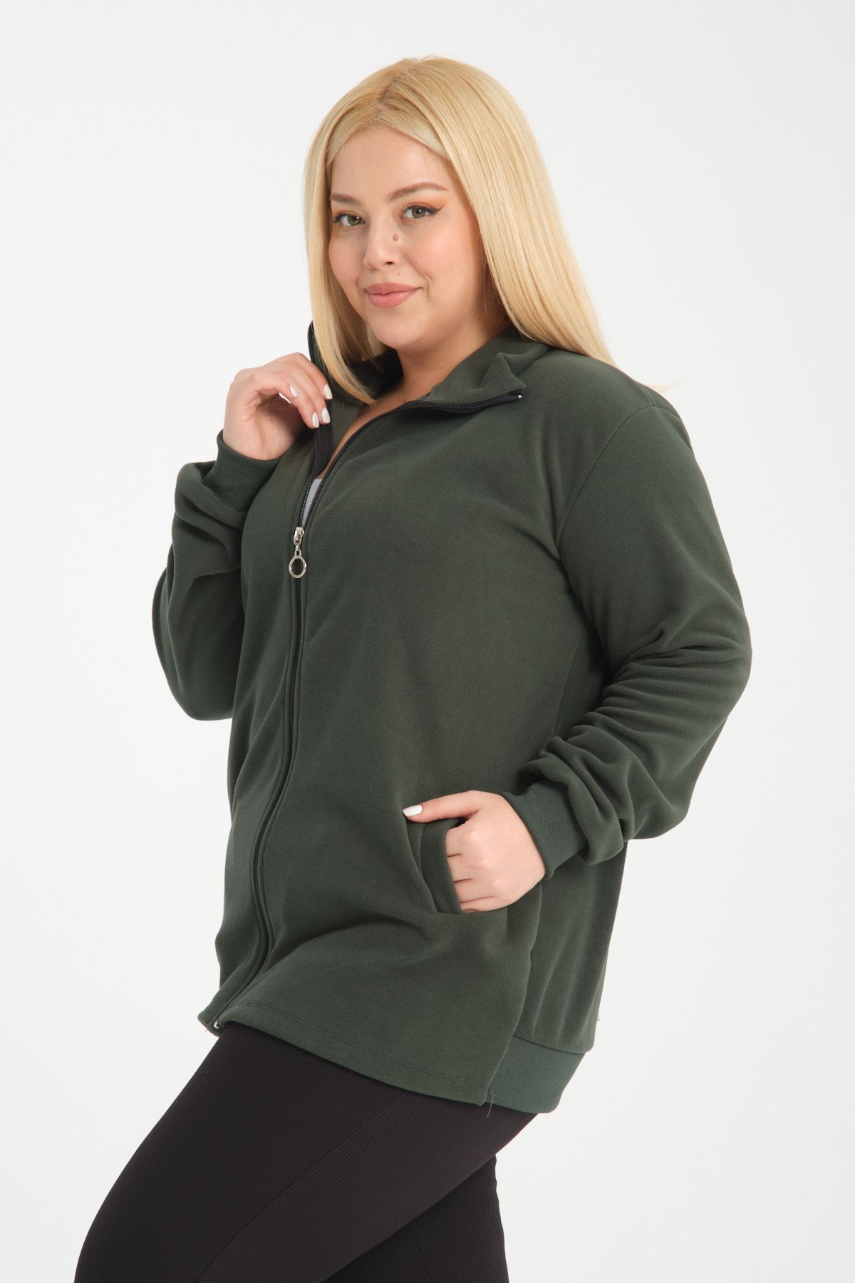 BANEGA-Plus Size Curve Khaki Fleece Sweatshirt - Zipper and Pocket 7