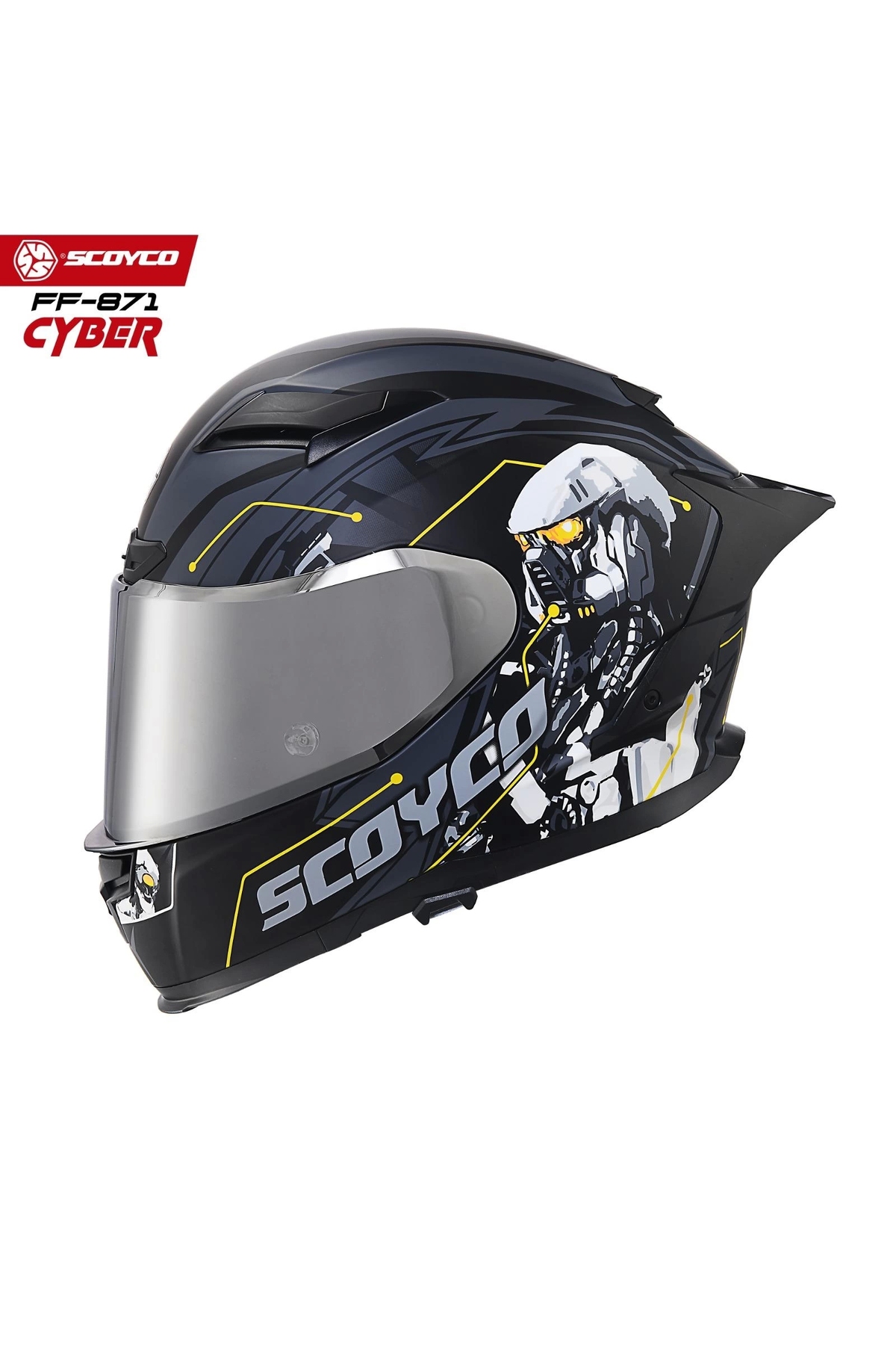 Resim Scoyco FF-871 CYBER MAT SİYAH-GRİ GÜNEŞ VİZÖRLÜ KAPALI KASK (GRİ CAMLI) 