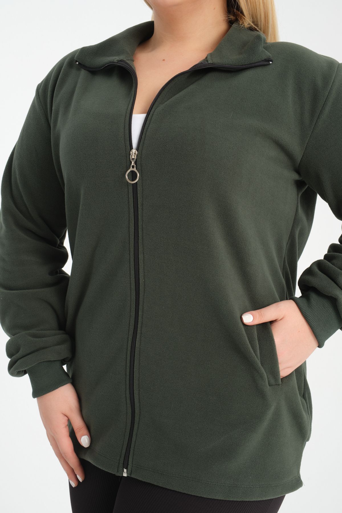 BANEGA-Plus Size Curve Khaki Fleece Sweatshirt - Zipper and Pocket 5