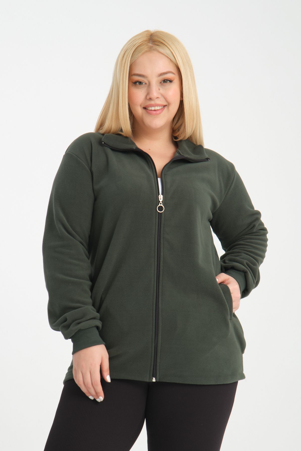 BANEGA-Plus Size Curve Khaki Fleece Sweatshirt - Zipper and Pocket 8