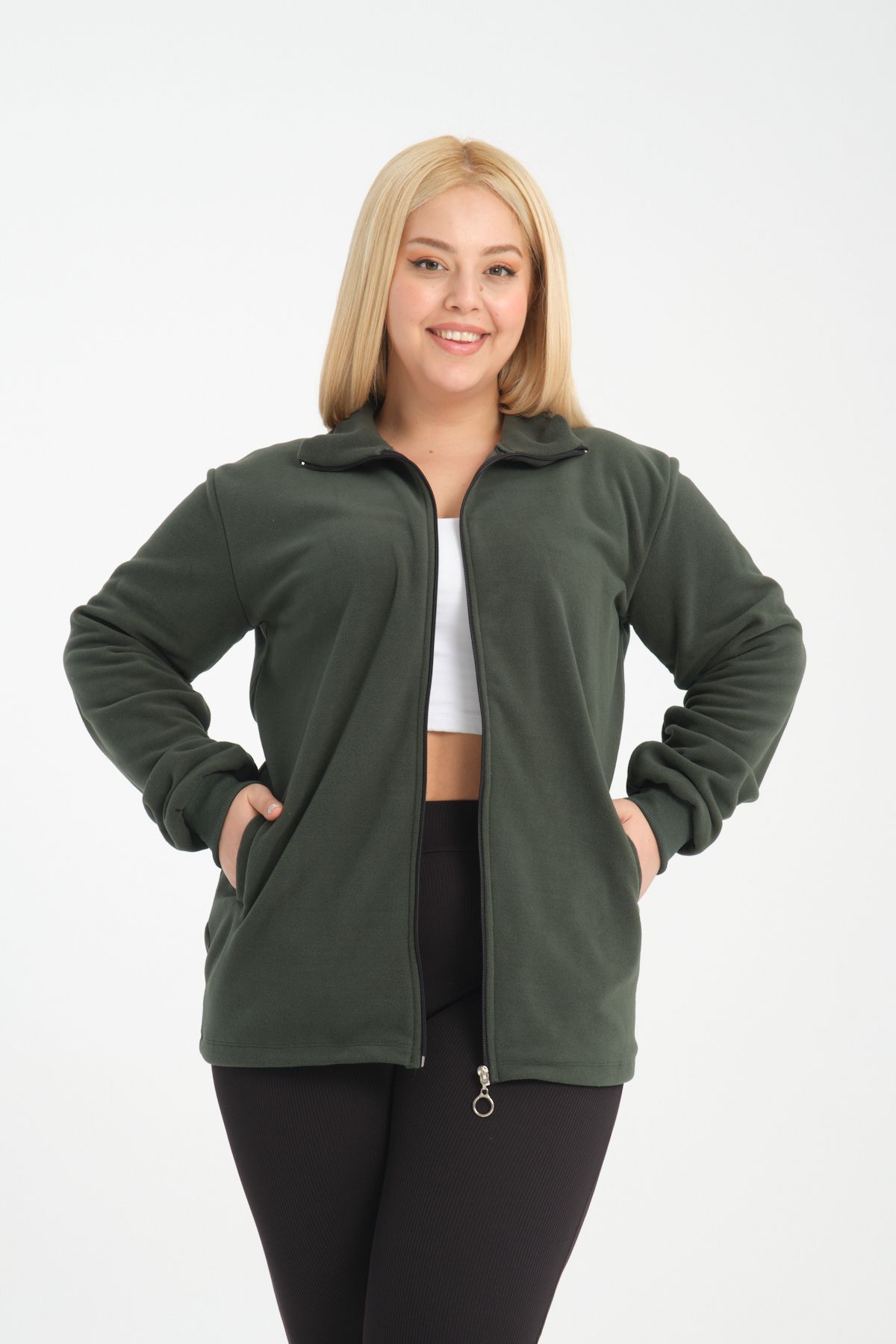 BANEGA-Plus Size Curve Khaki Fleece Sweatshirt - Zipper and Pocket 6