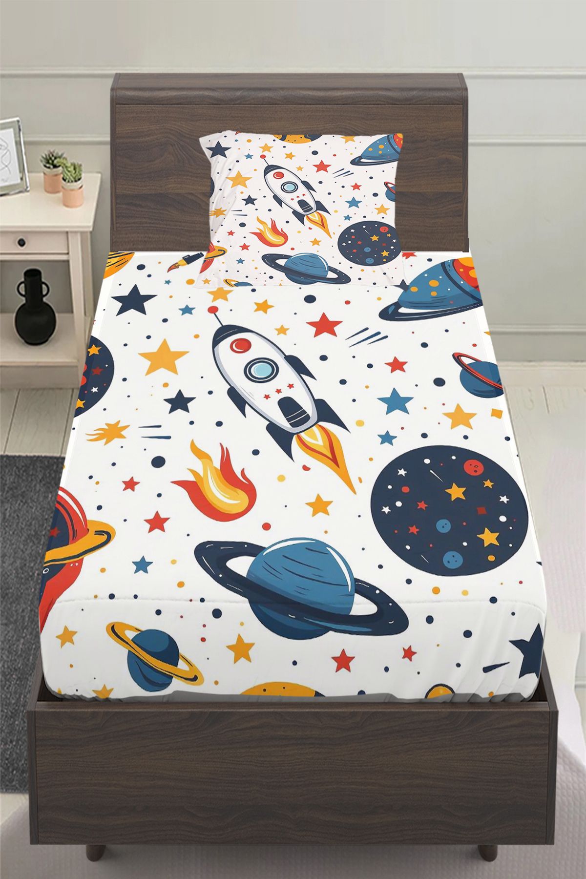 Else Halı-Galaxy Stars Space Patterned Boy's Single Pillowed Sheet Set 100X200 cm 1