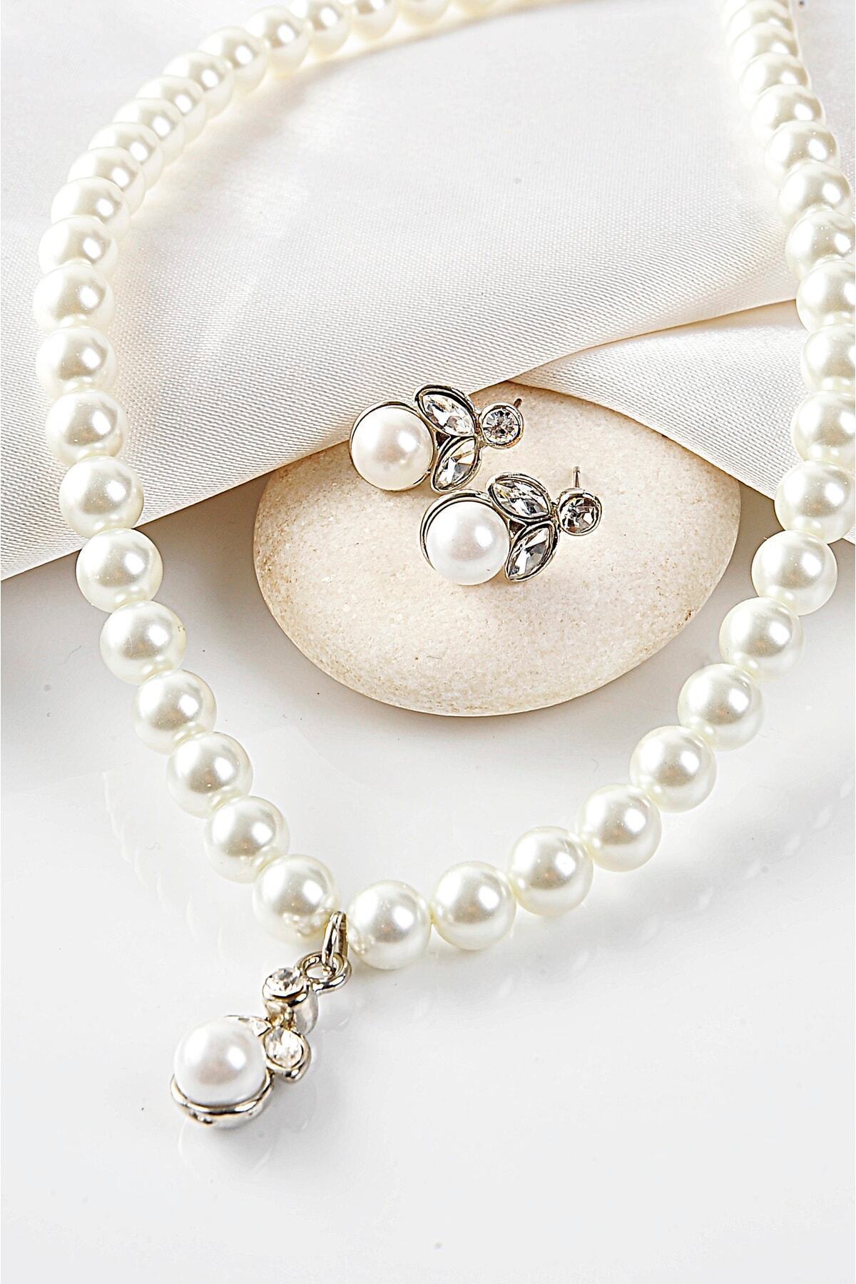 Genel Markalar Özel Tasarımlı Inci Ve Zirkon Taşlı Kolye Küpe Takı Set