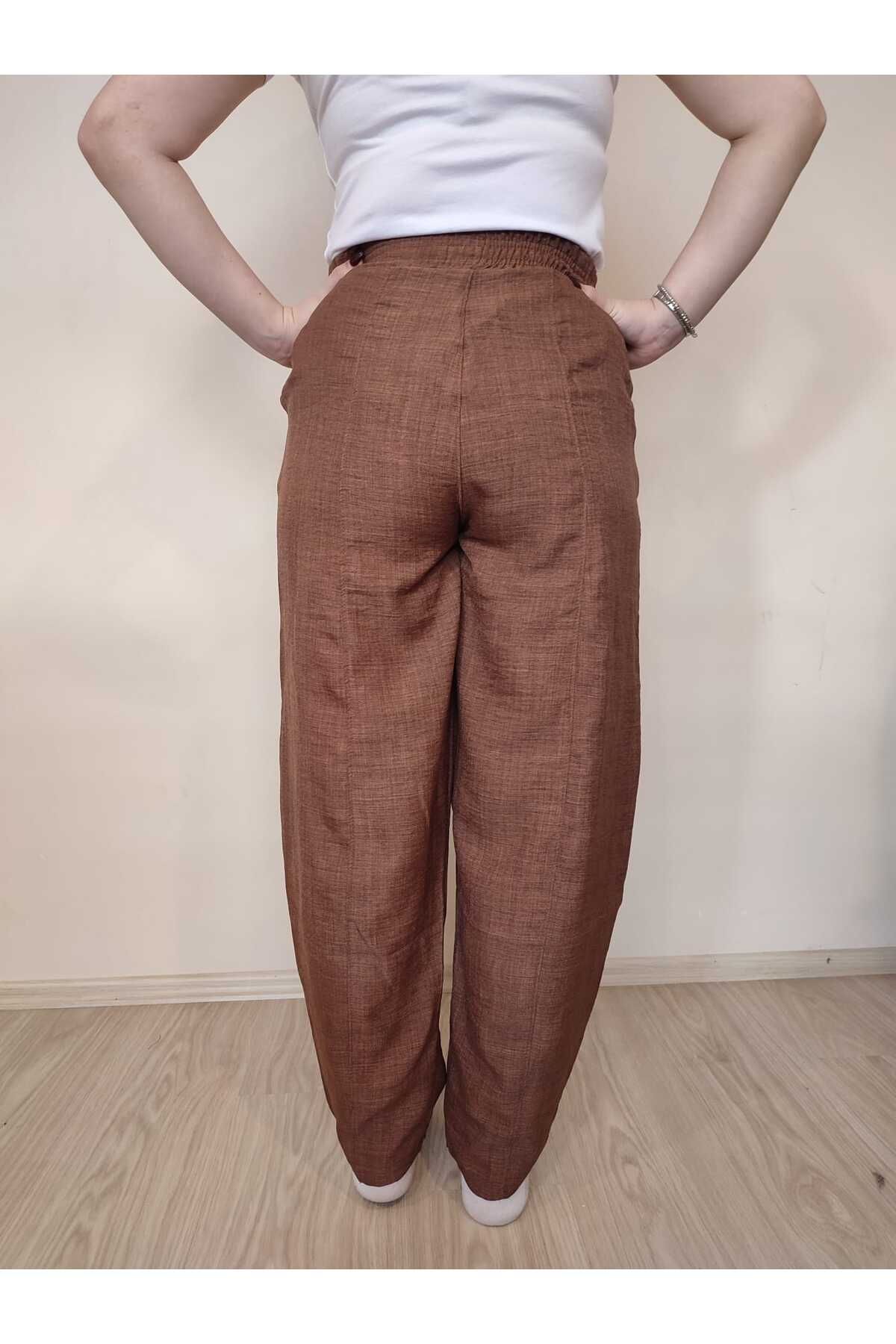 enmodaiçgiyim-High Waist Linen Women's Trousers - Dark Brown Shalwar 5