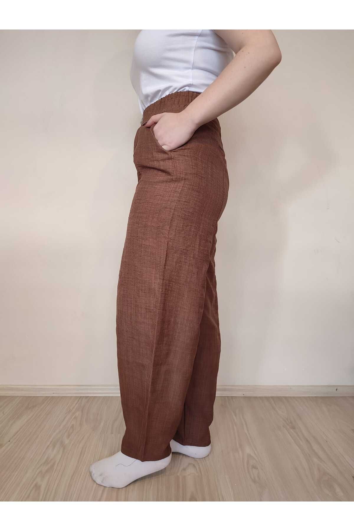 enmodaiçgiyim-High Waist Linen Women's Trousers - Dark Brown Shalwar 3