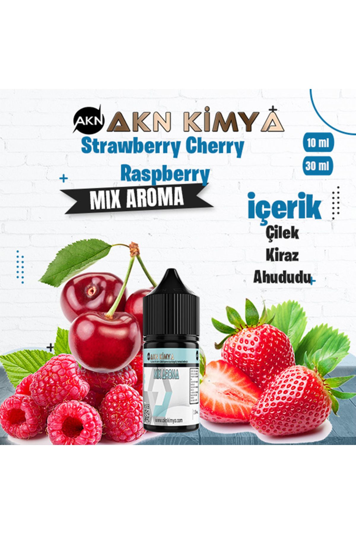 akn kimya Strawberry Cherry Raspberry Mix Aroma Çilek Kiraz Ahududu Gıda Aroması 10 ml