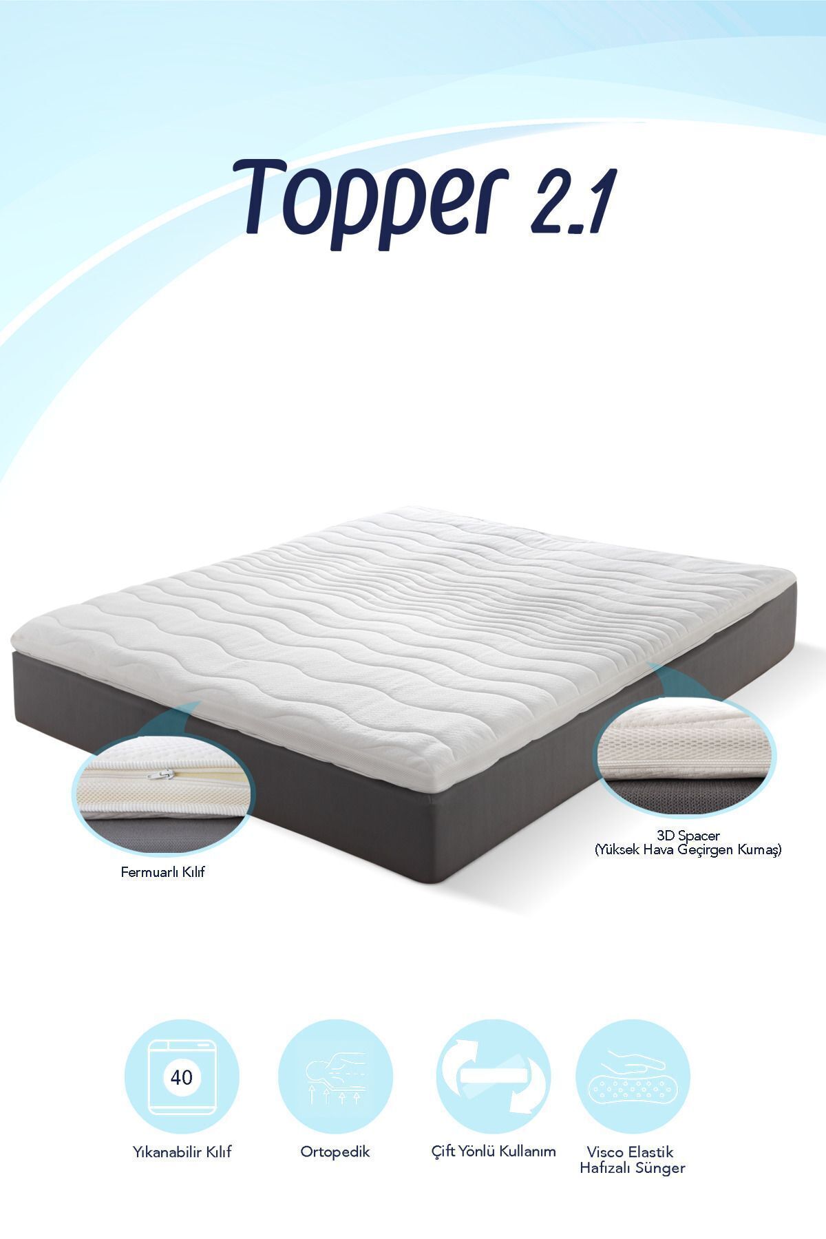 Mavi Ay Yatak Topper 2.1 - Visco Yatak Pedi - Soft Hafızalı %100 Visco Sünger - Yıkanabilir Fermuarlı Kılıflı