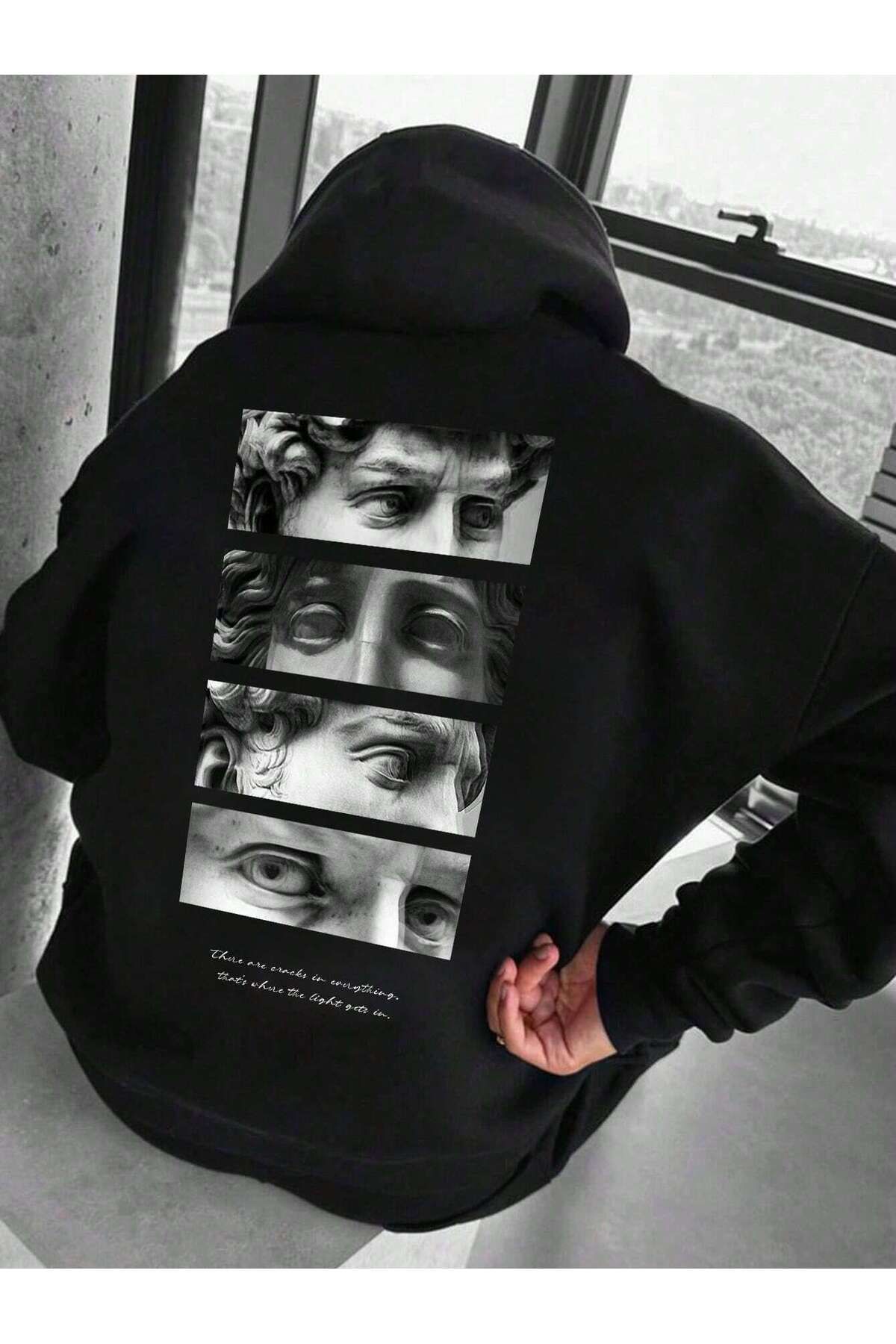 Black Sokak 4 Eyes Baskılı Oversize Kapüşonlu Siyah Erkek Sweatshirt