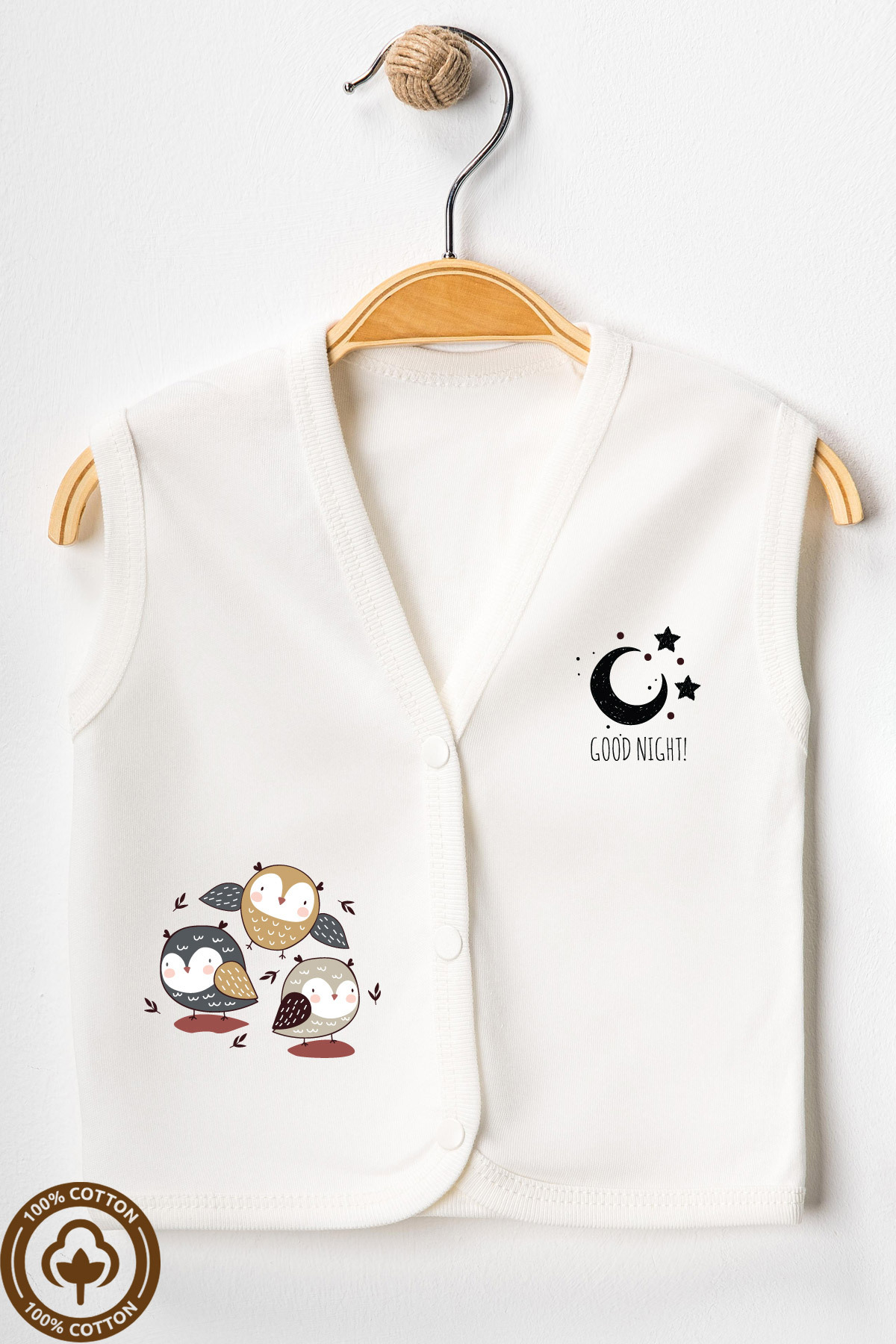 Miniel Unisex Bebek Baykuş Baskılı Organik Pamuklu 3-6-9 Ay 3lü Penye Bebek Yelek Set fotoğrafı 4 (önizleme)