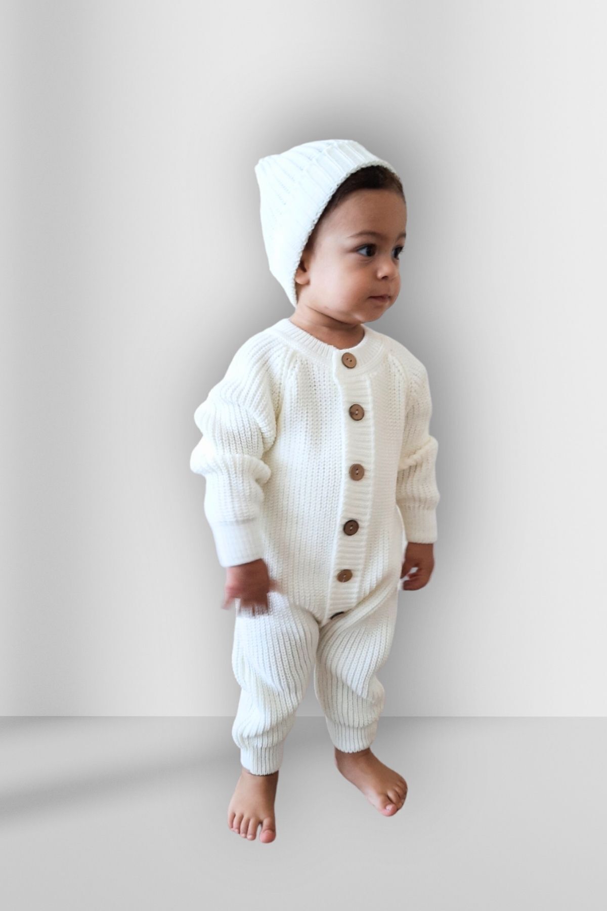 Minytrendy Kız/erkek Bebek Örme Düğme Detaylı Şapkalı Triko Yenidoğan Tulum Takımı-ekru fotoğrafı 2 (önizleme)