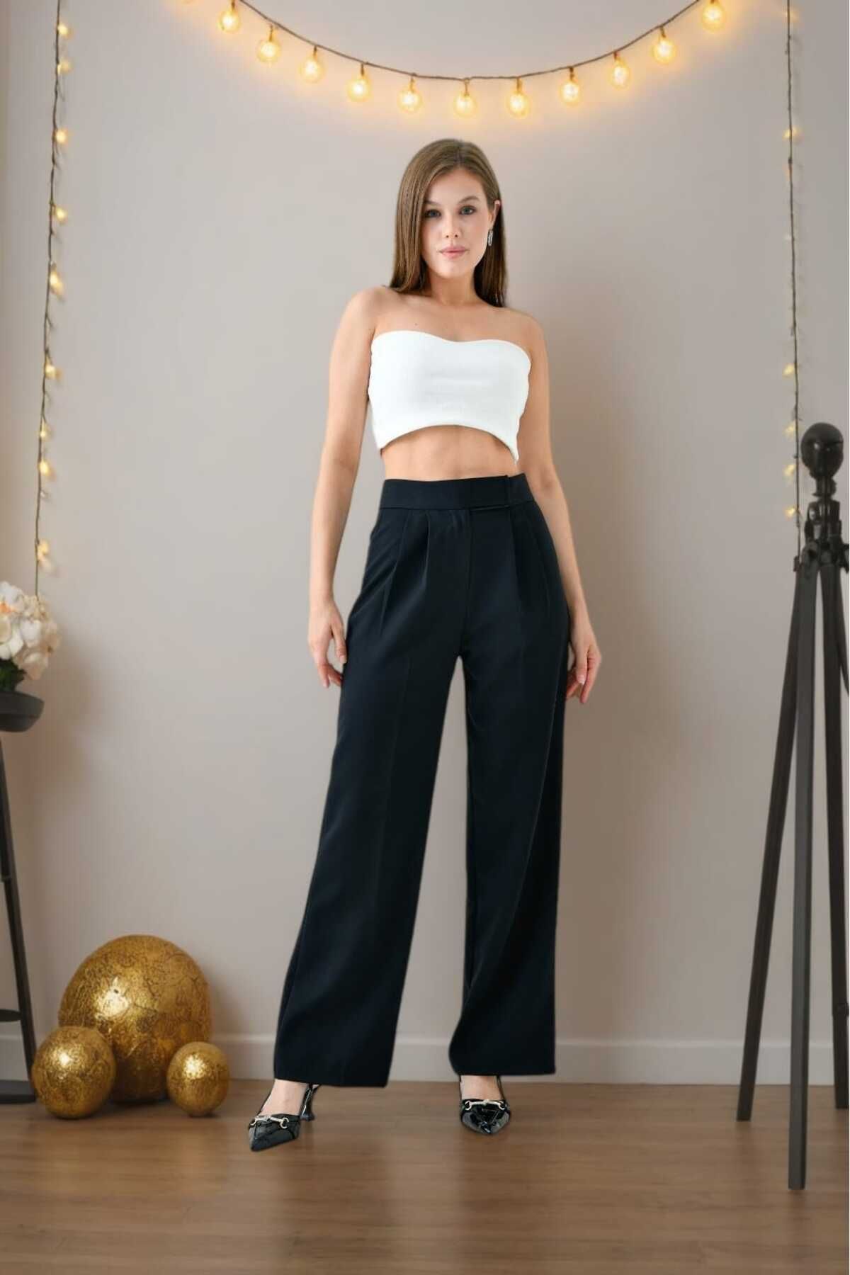 MİSLİNE-Balazzo Velcro Large Size Wide Leg Women's Fabric Trousers 3