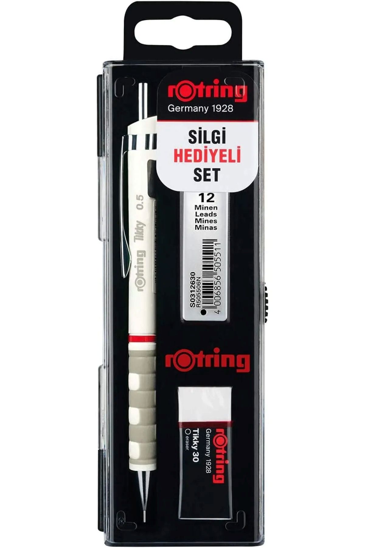 Rotring-Tikky 0.5 mm Mechanical Pencil and 2B Nib White Medium Eraser Set 1