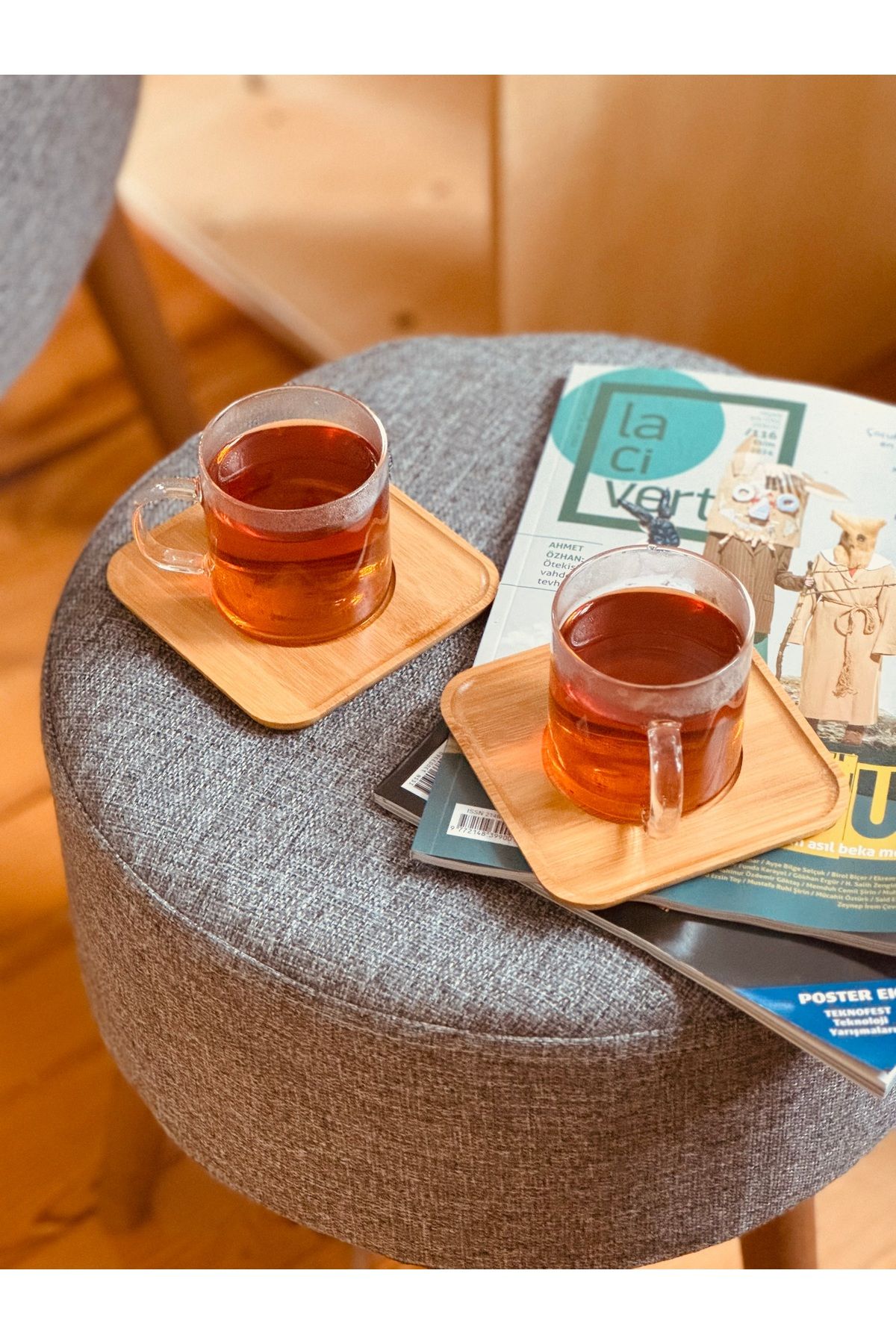 ECO KİTCHEN-2-Piece Glass Tea Cup Set Borasilicate Bamboo Plate 2