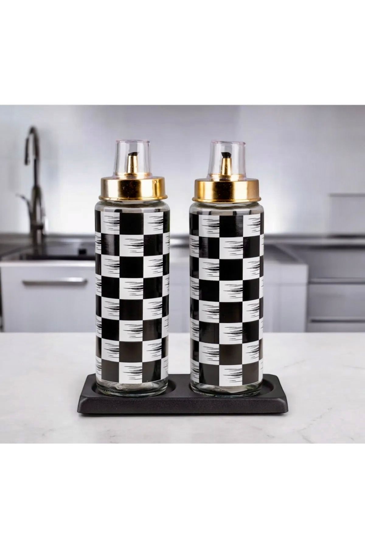 Kitchen Pembelia-2-Piece Checkerboard Patterned Black Metal Stand Gold Lid Oil Pot Set 3