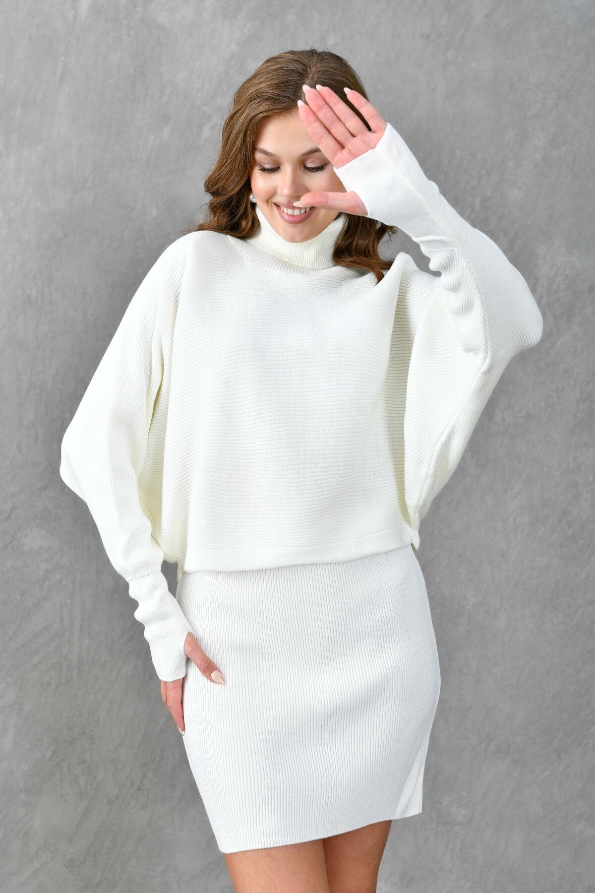 4S1B FASHION-Turtleneck Knitwear Sweater and High Waist Skirt - Hand and Sleeve Design, Ecru 075 3