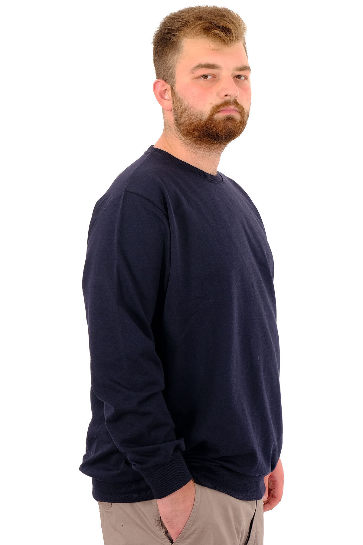 ModeXL Mode XL Büyük Beden Erkek Basic Sweatshirt Bisiklet Yaka Recycle B24529 Lacivert görsel 3