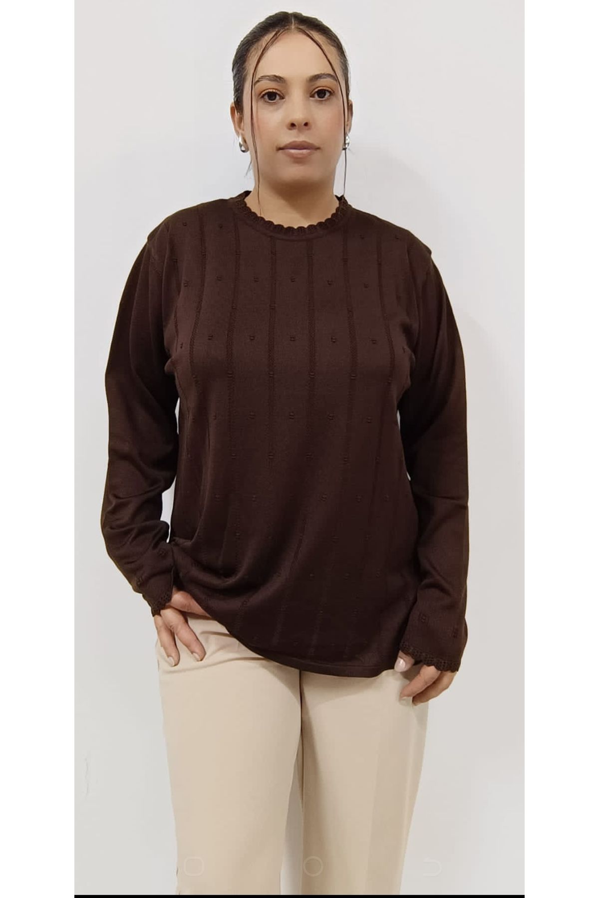 AKŞEN GİYİM-LARGE SIZE LONG SLEEVE THIN CORRATED FABRIC COOL STRING 70 CM SIZE COLLAR WITH LACE 1stQUALITY MOTHER BLUZ 1