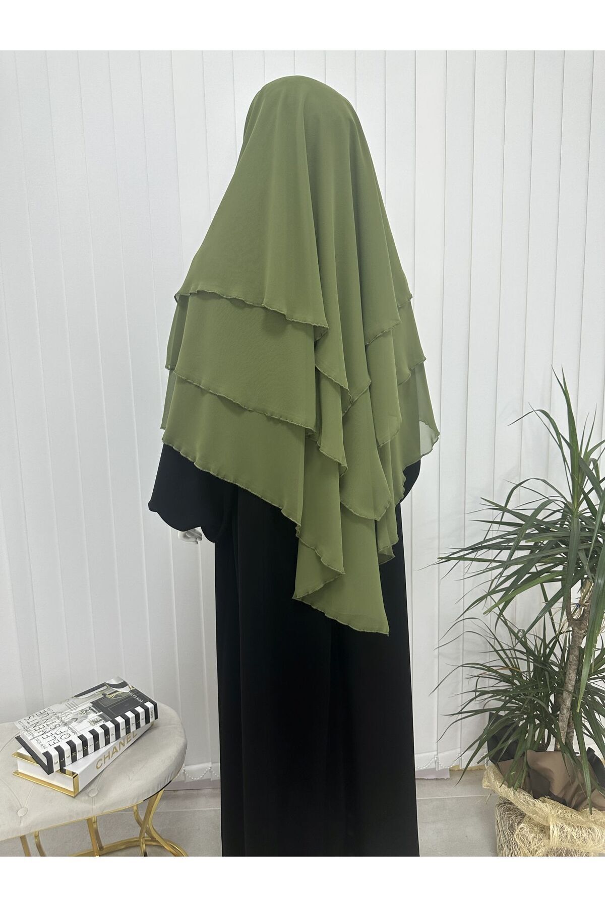 erasra class-Green Colored Three-Layer Multi-Siphon Souffle Scarf - Kimar and Lace-Up Scarf with Veil 3