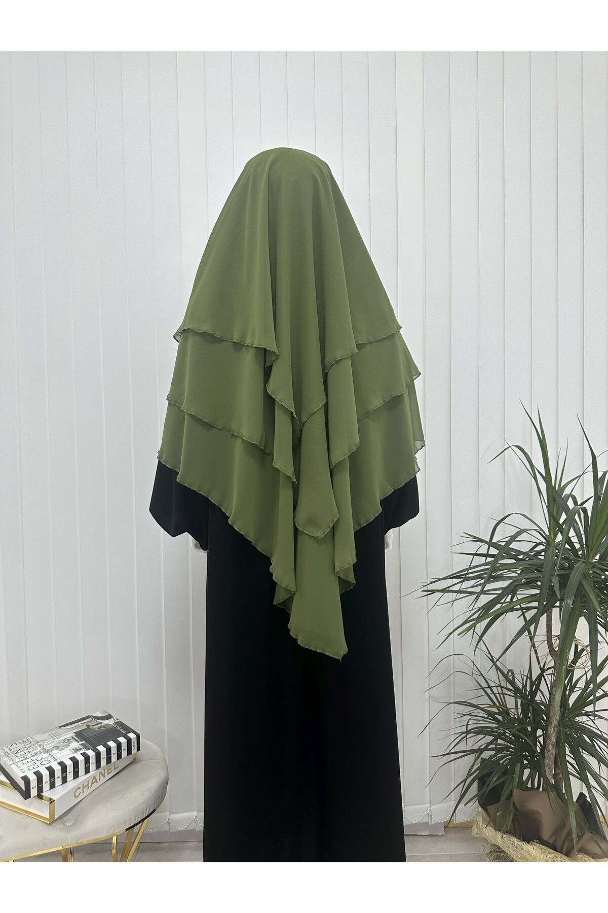 erasra class-Green Colored Three-Layer Multi-Siphon Souffle Scarf - Kimar and Lace-Up Scarf with Veil 5