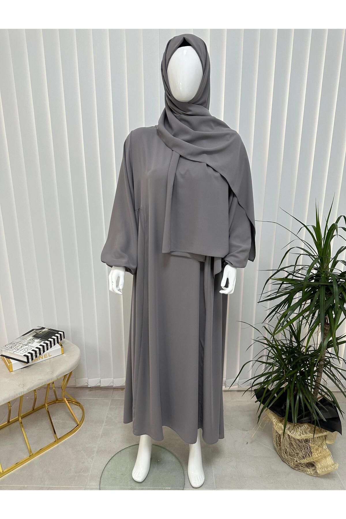 erasra class-Culoare gri cu șal - Set de rochii Hijab Side Gather Jilbab, Abaya, Hijab (Pentru Hac și Umrah) 2