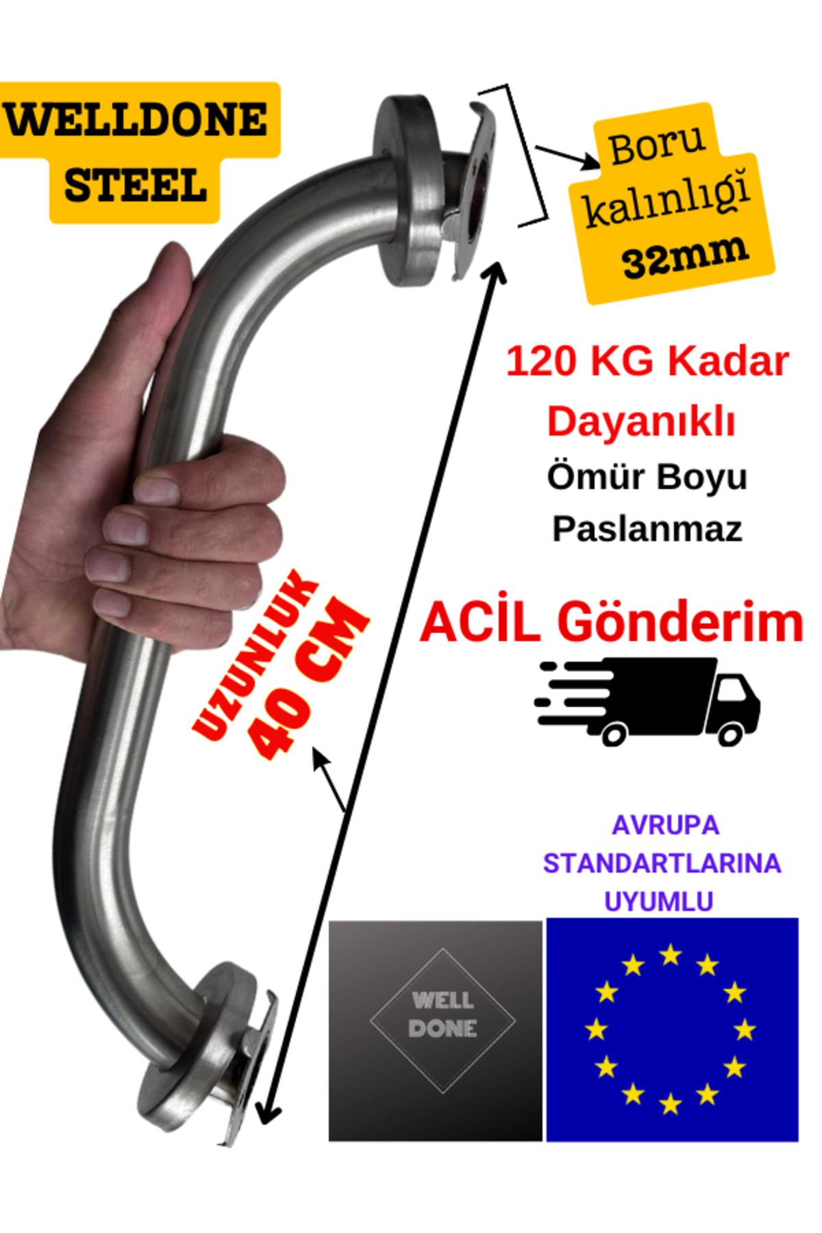 WELLDONE Yaşlı Ve Bedensel Engelli Tutunma Barı, Küvet Tutamağı, Krom Kaplama, 40cm