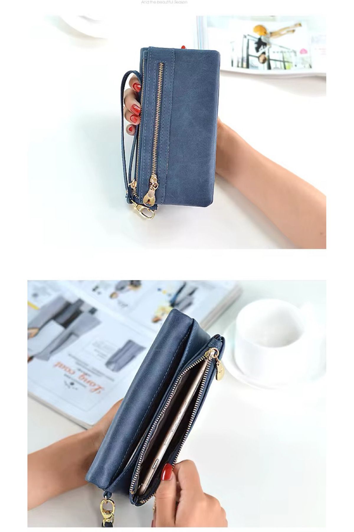 rinkadoll-Navy Blue Soft Leather Useful Wallet with Bracelet New Season 4