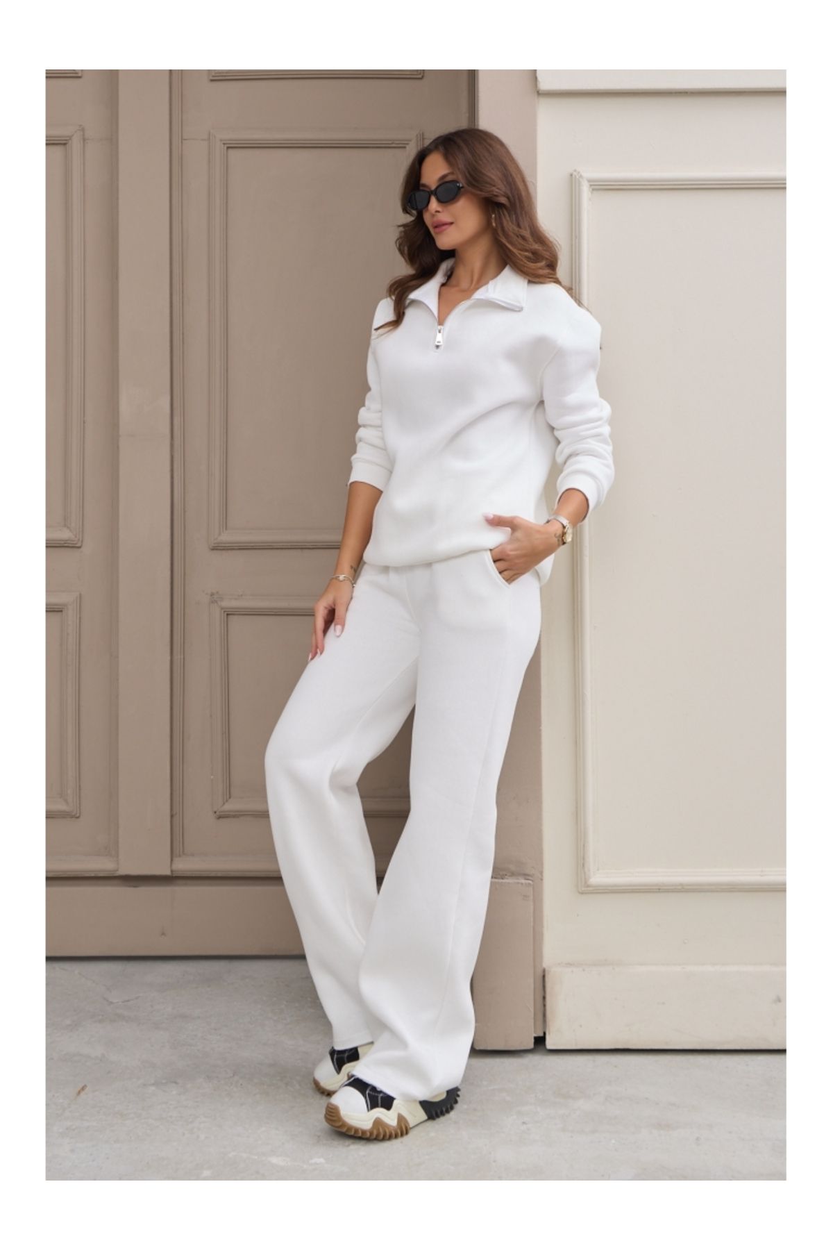 Elif Özbey Butik-White Three Thread Raised Palazzo Trousers 2