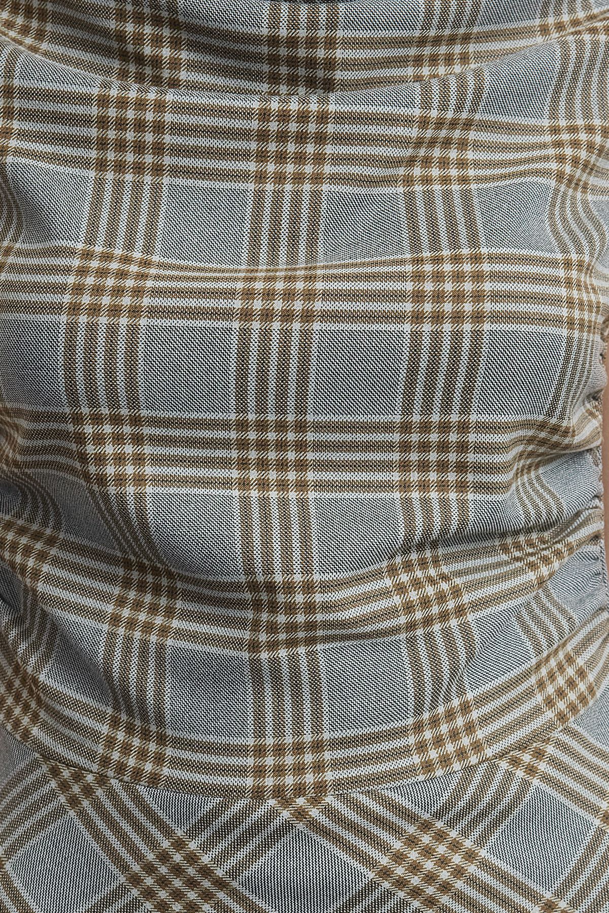 Trendyol Collection-Šedý kostkovaný límec A-Line Degaje Flanelová látka Midi Zimní tkané šaty Twoaw25El00250 4