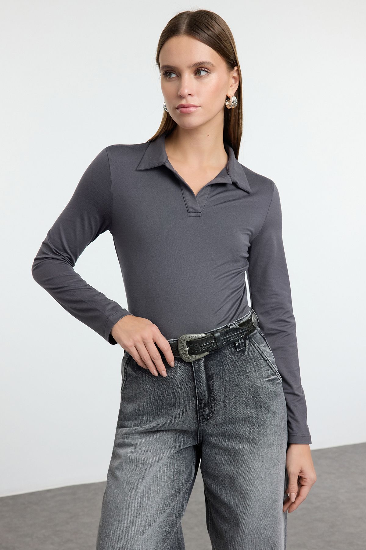 Trendyol Collection Antracytowy Elastyczny Dzianinowy Body - Długi Rękaw, Dopasowany, Miękki W Dotyku Twoaw25bd00022 Kobieta - XL