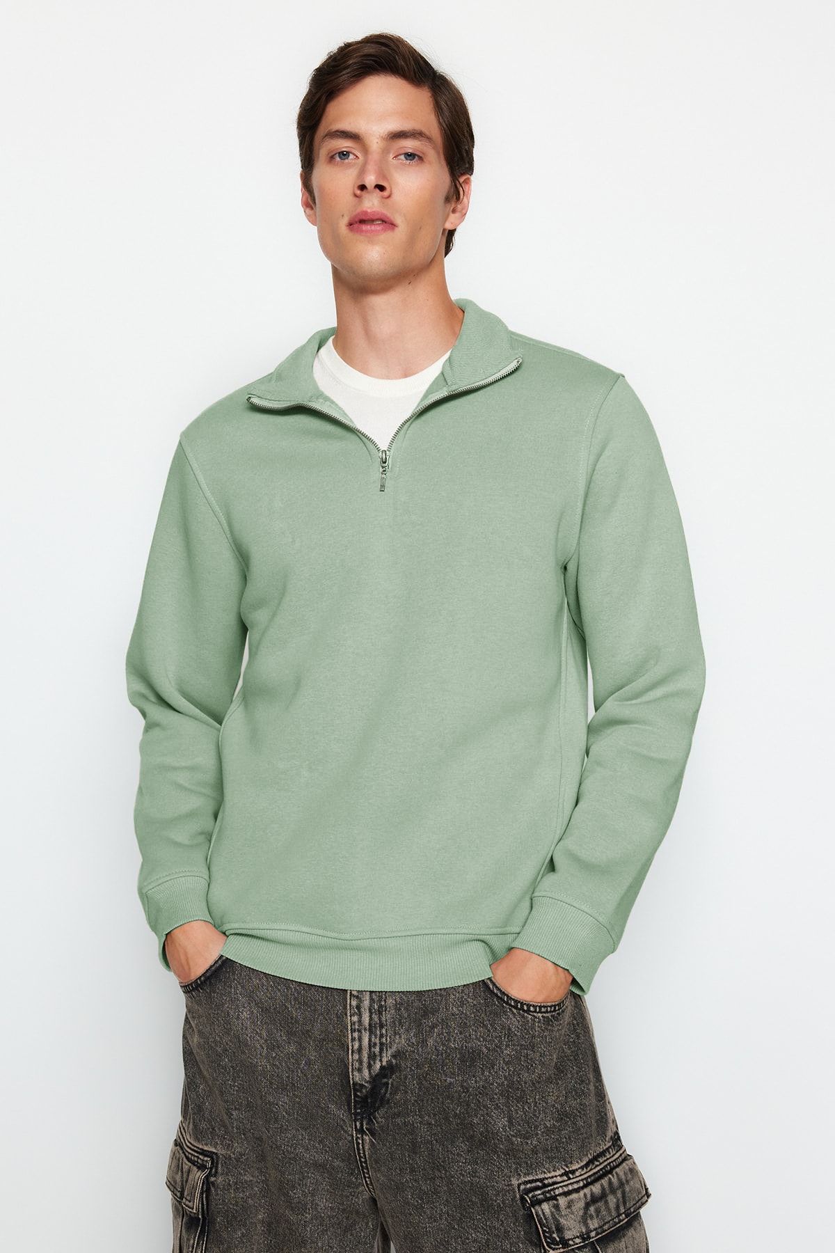 Trendyol Collection Bluza Z Polaru Bawełnianego Mint Z Zamkiem Błyskawicznym - Kołnierz Stójka, Krój Regularny Tmnaw24sw00041 Mężczyzna - XL