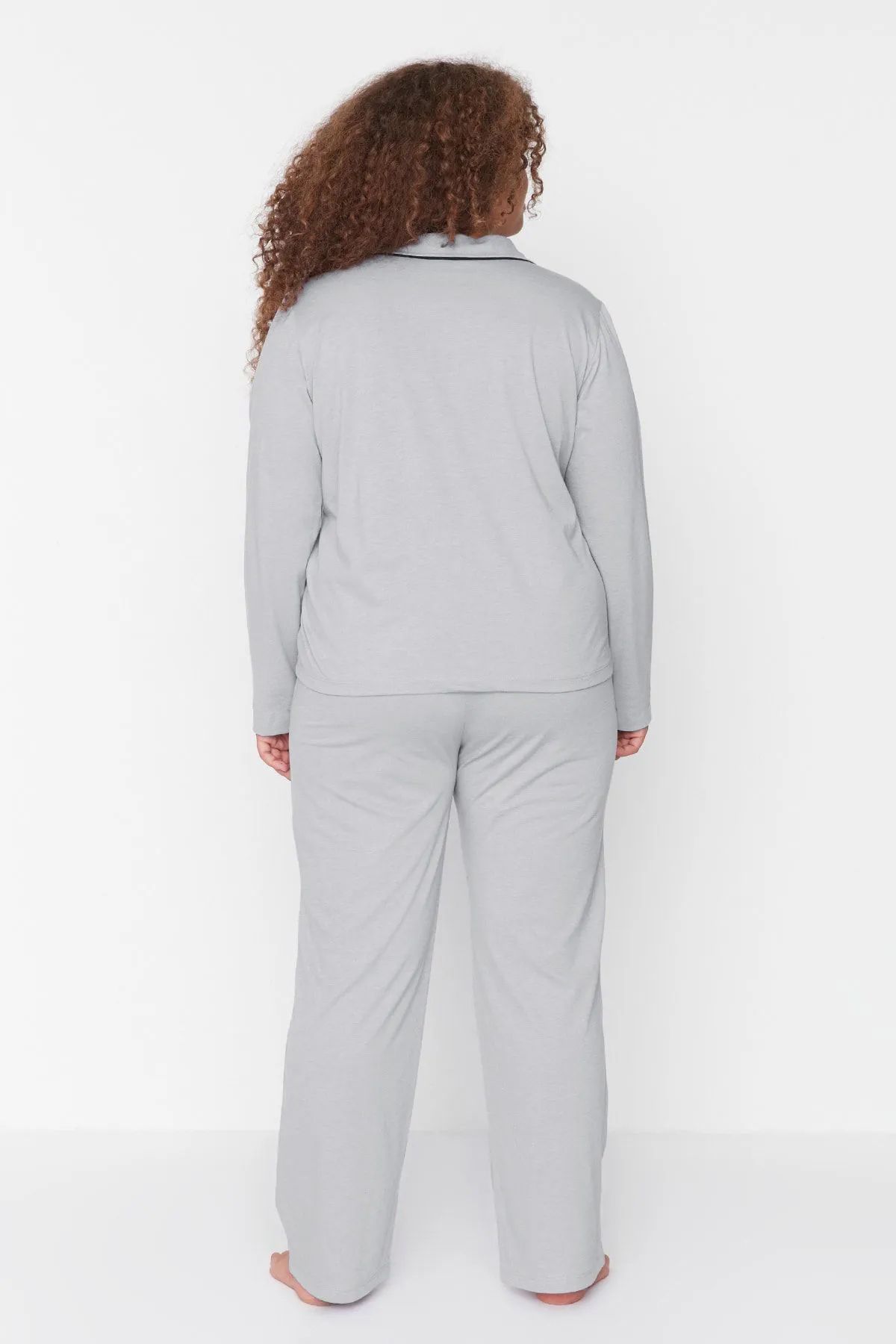 Trendyol Curve-Panda Printed Gray Melange Knitted Pajama Set - Shirt Collar TBBAW23AI00012 5