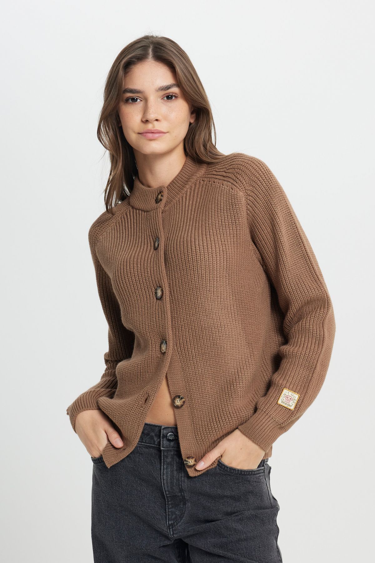 WRANGLER-Regular Fit Regular Cut Guziki Szczegółowy Młodzieżowy Uroczy Damski Sweter Kardigan Z Dzianiny Camel 3