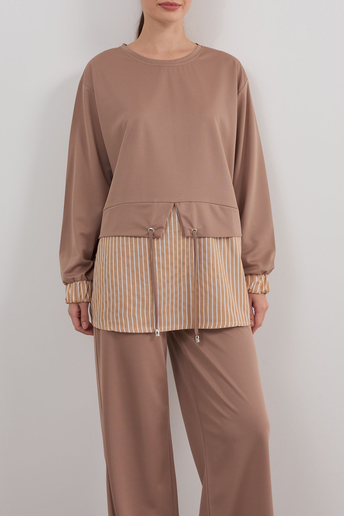 Edit by Trendyol-Beige Striped Color Block Knitted Top and Bottom Set Tedaw25Us00031 2
