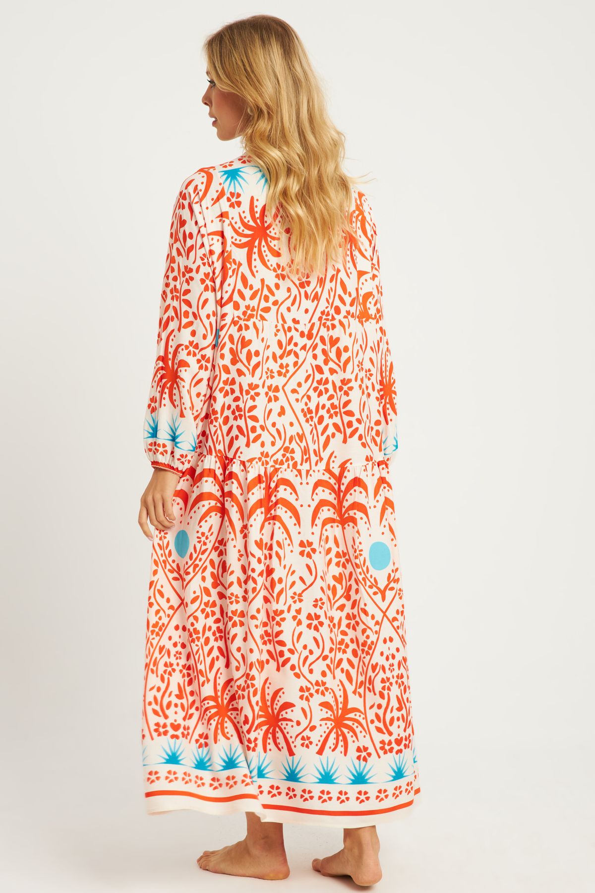 Cool & Modest-Ecru Orange Patterned Women's Midi Dress - Mgç169 4