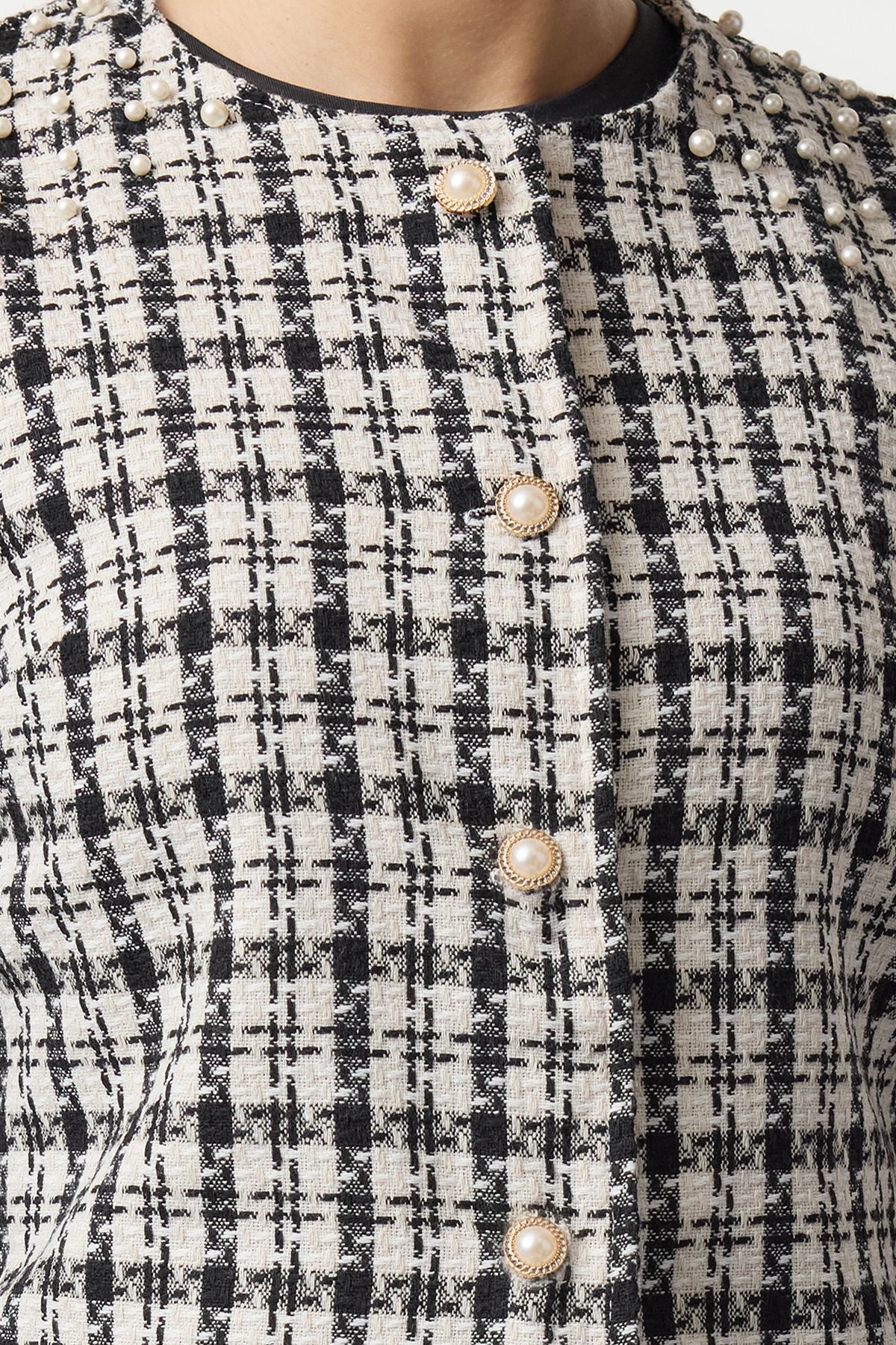 Edit by Trendyol-Fekete kockás mintás tweed szőtt dzseki TEDAW25CE00008 3
