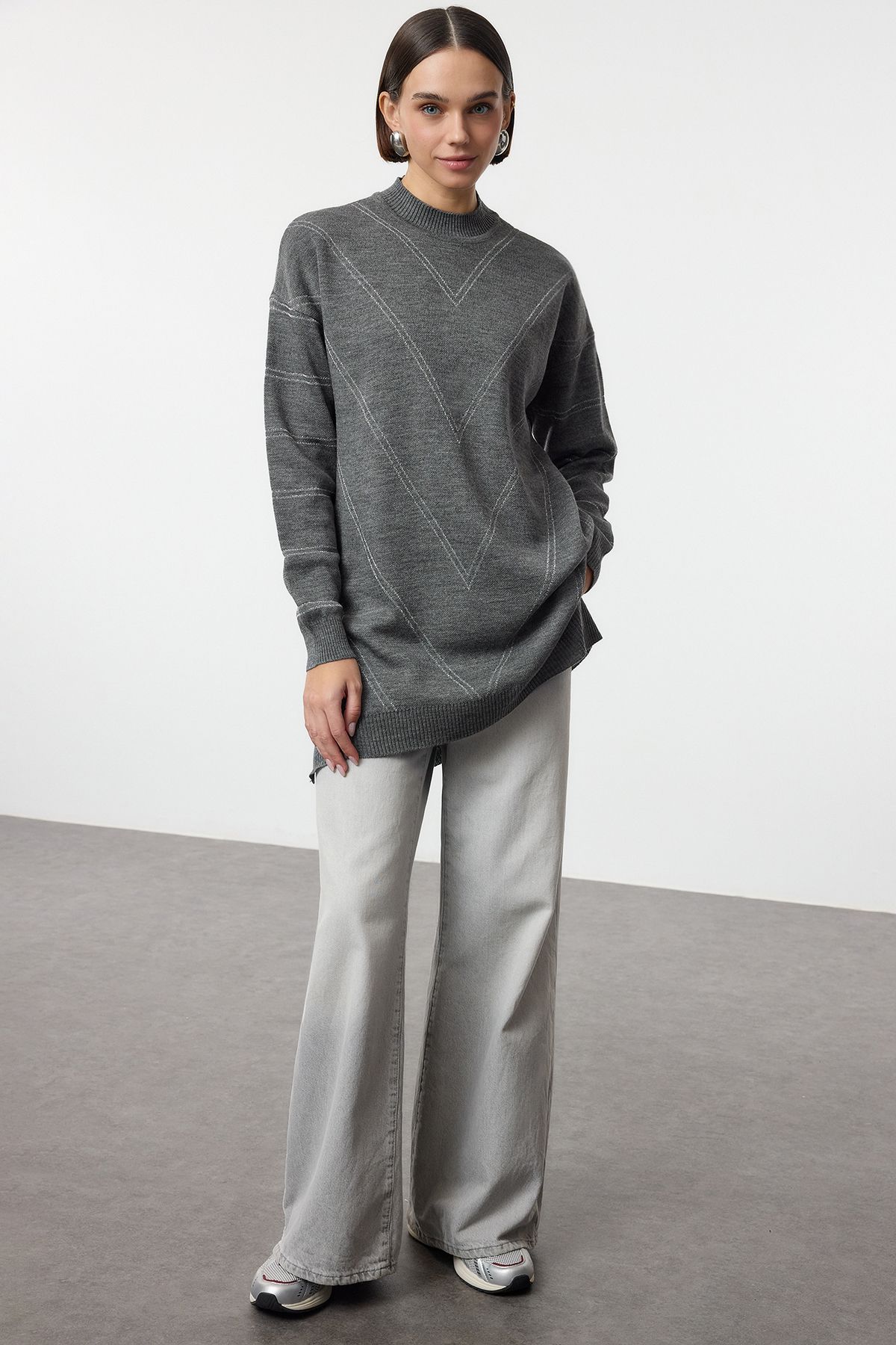 Trendyol Modest Antracytowy, Brokatowy, Długi Sweter Dzianinowy Tctaw22ak0129 Kobieta - S/M