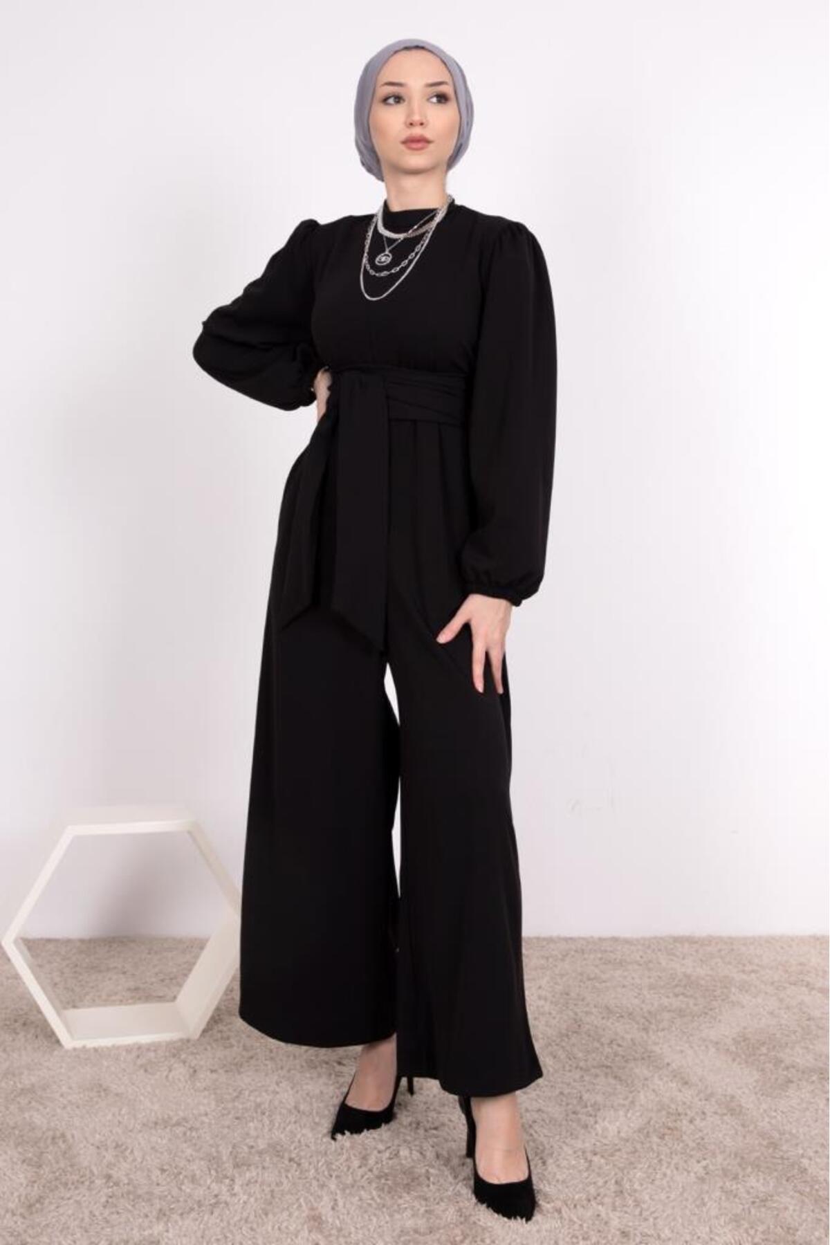 Genel Markalar Geniş Kuşak Dolamalı Tesettür Tulum Siyah