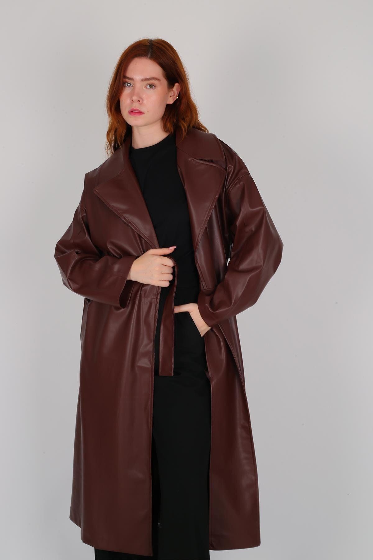 FACETTE-Women's Brown Belted Long Leather Jacket 4