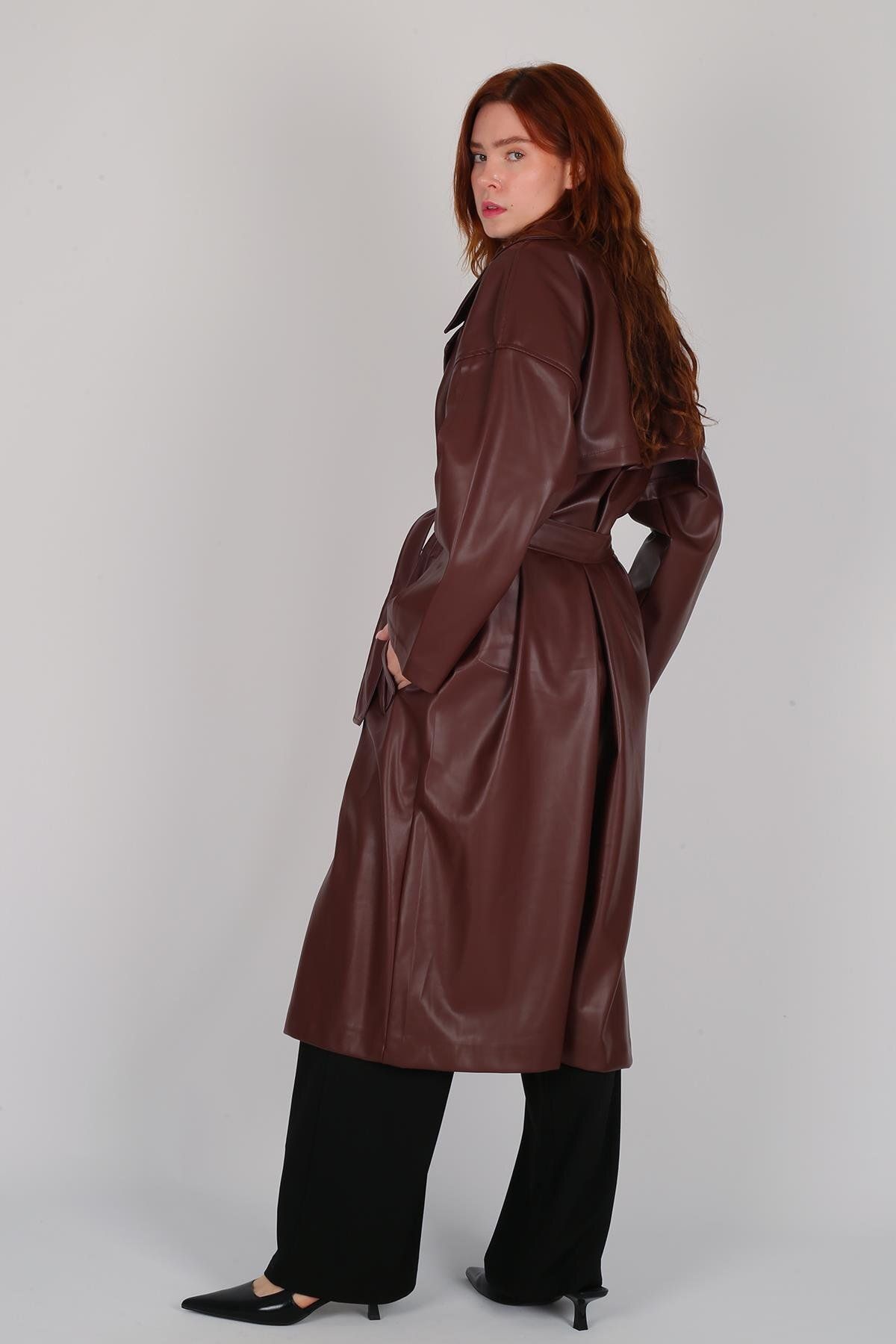 FACETTE-Women's Brown Belted Long Leather Jacket 3