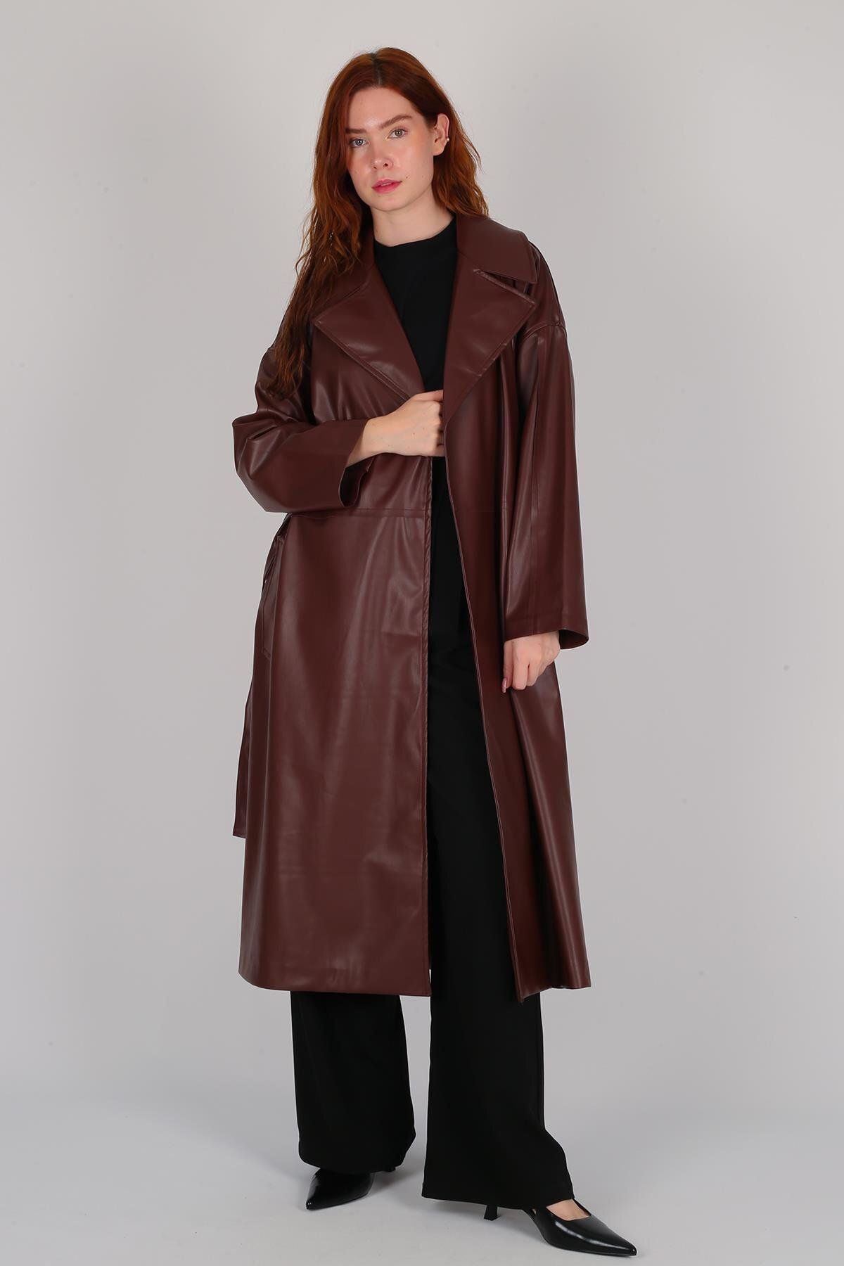 FACETTE-Women's Brown Belted Long Leather Jacket 1