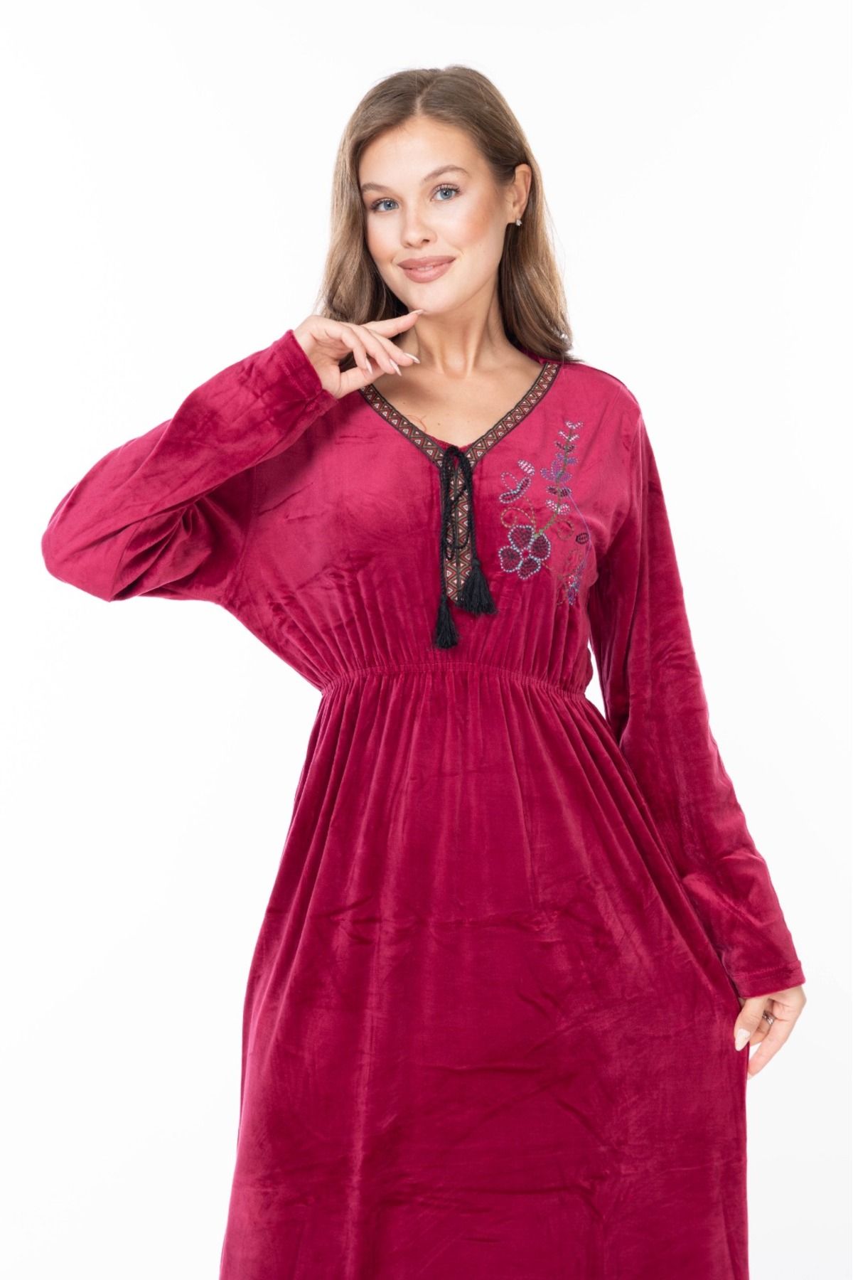 mervemoda-Women's Long Sleeve Velvet Dress 1