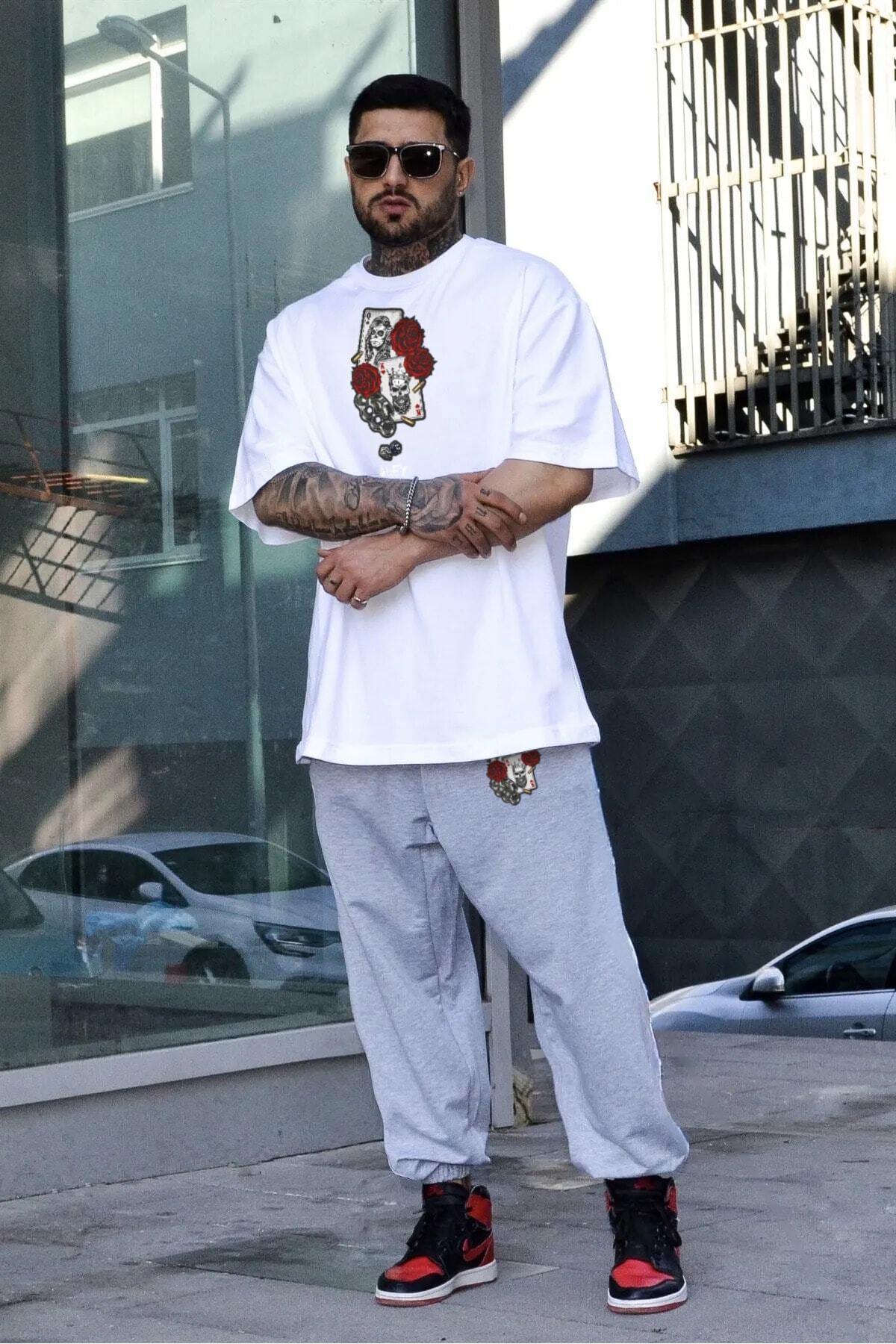 HOFFNUNG İskambil Baskılı Eşofman Altı Ve T-shirt Alt Üst Eşofman Takımı