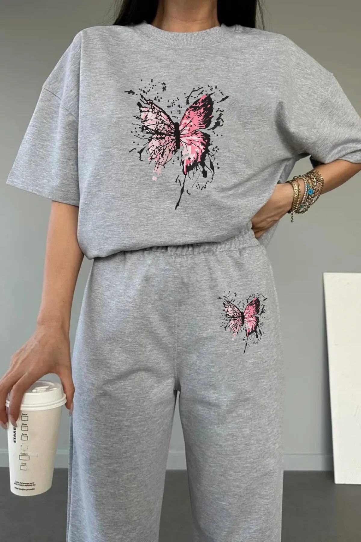 HOFFNUNG Pempe Kelebek Baskılı Tshirt Eşofman Alt Üst Takımı