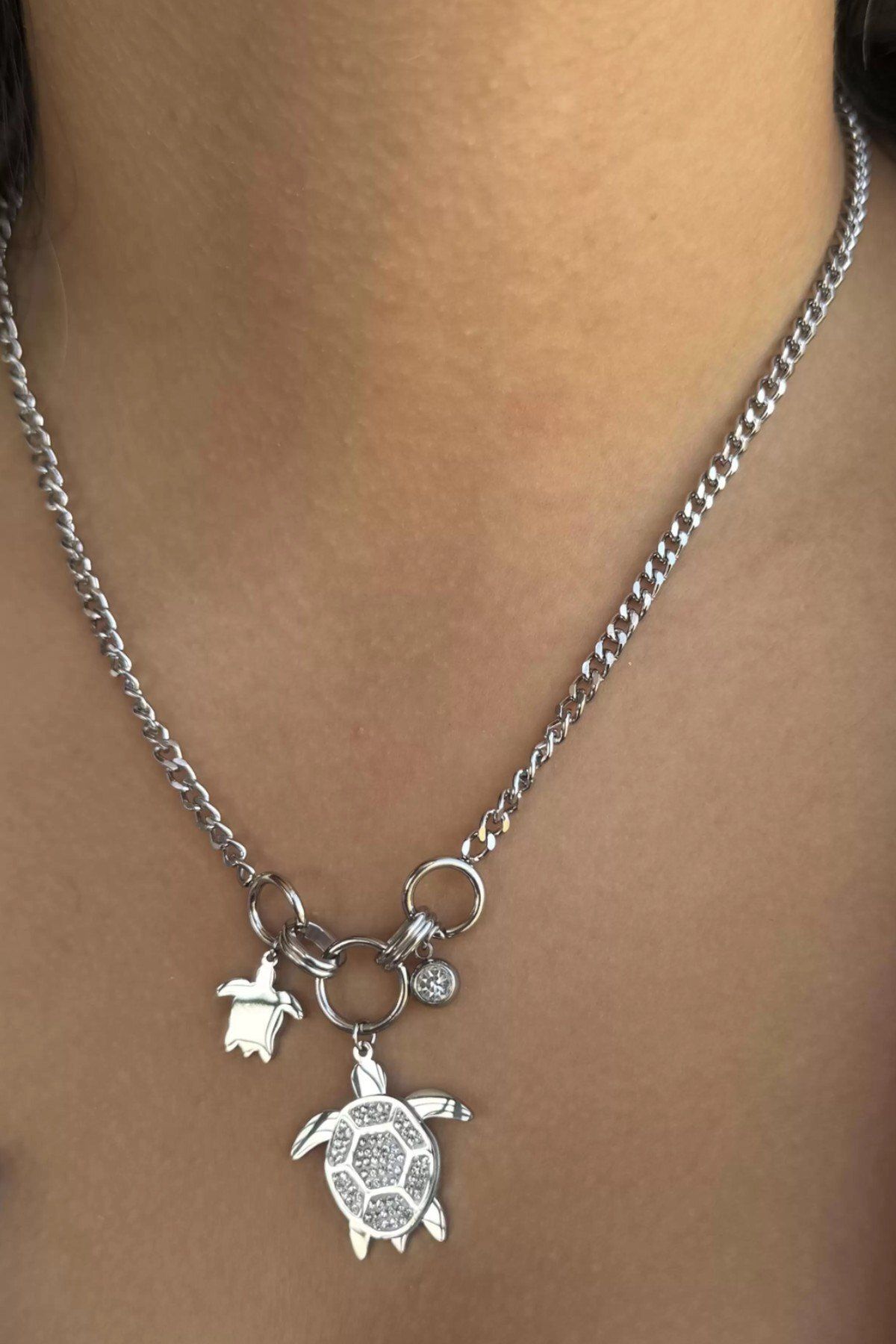 Dumledo-Mother and Baby Turtle Steel Charm Necklace 1