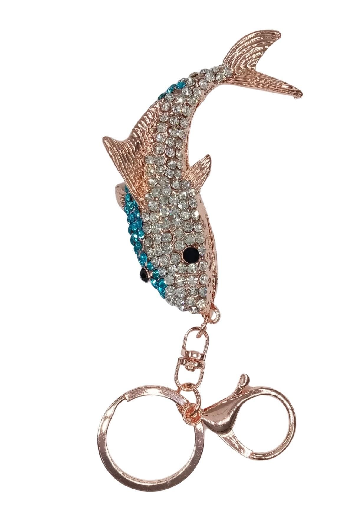Dünyadan Hediyeler-Blue Shark Keychain with Crystal Stones No.2 1