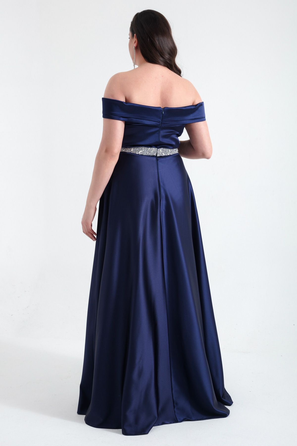 Lafaba-Women's Navy Blue Boat Neck Jewelled Belt Large Size Evening Dress 5