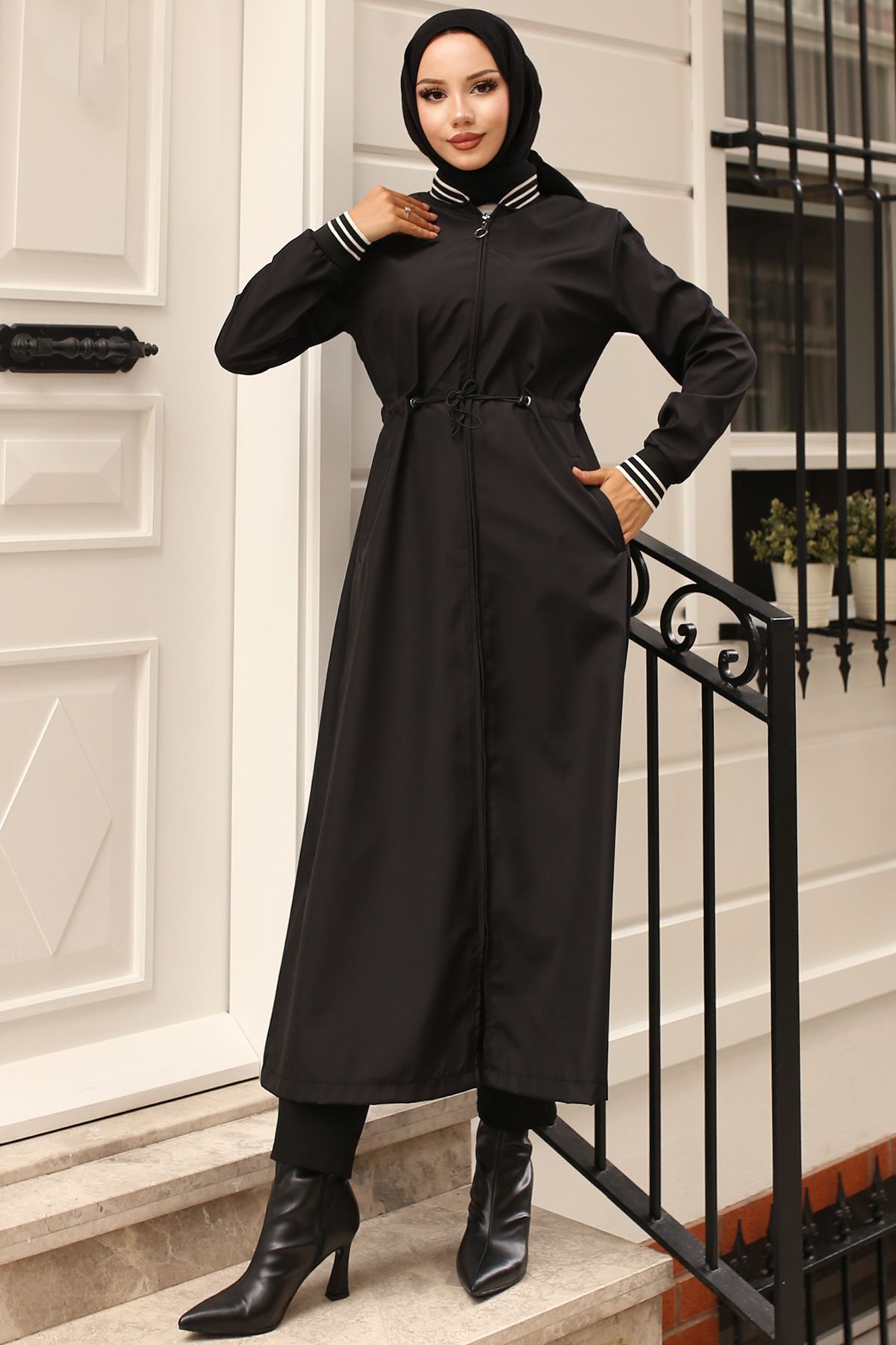 benguen-Black 3805 Seasonal Elastic Waist Trench Coat 1